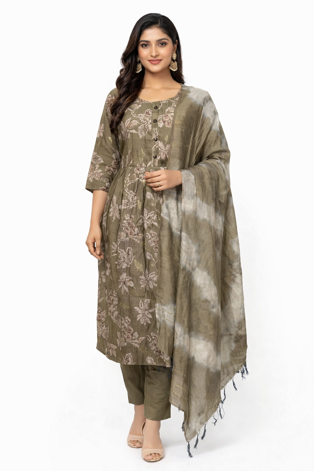 Muted olive green Floral 3 Piece Kurti Set