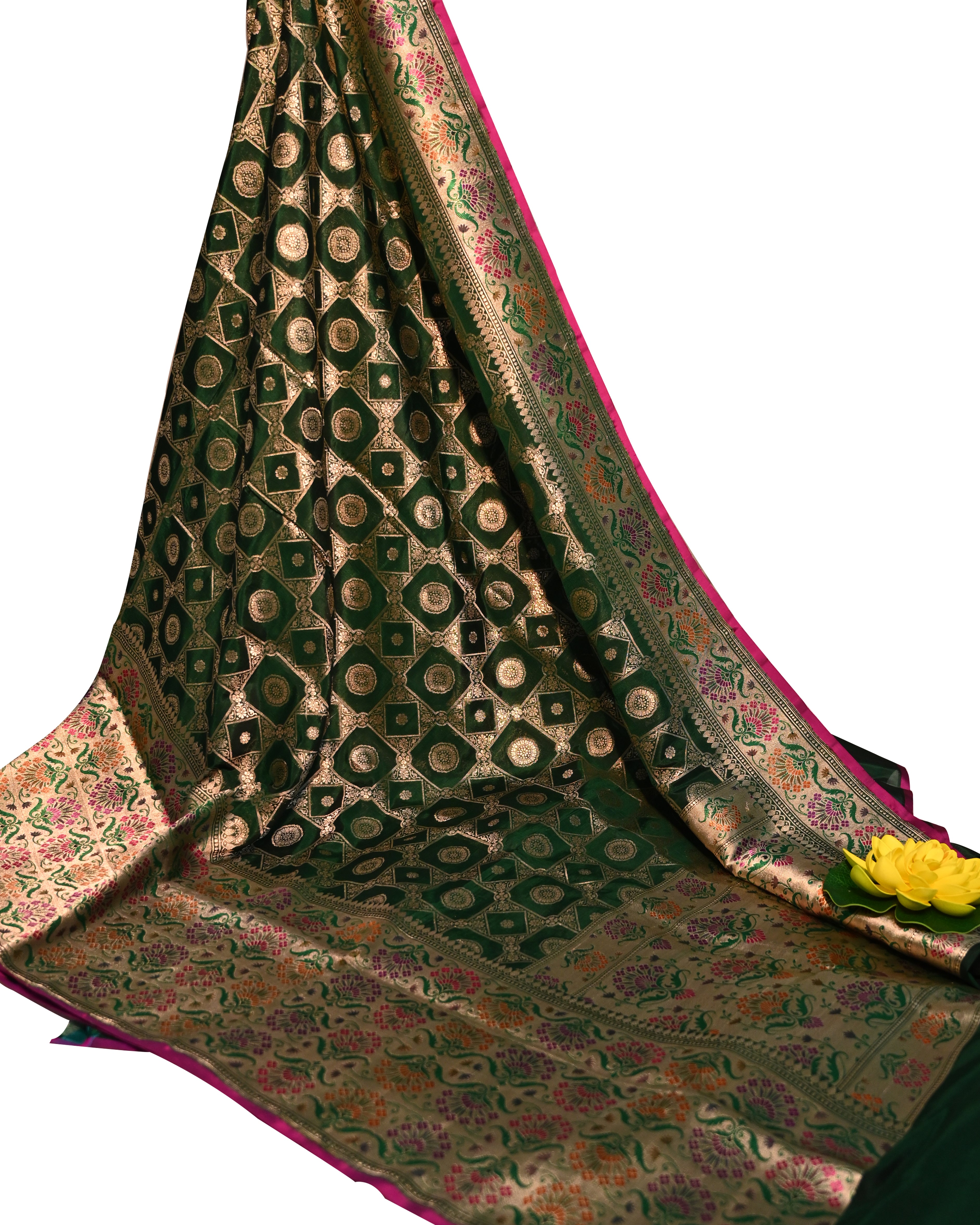 Banarasi Katan Silk Bottle Green Paithani Saree