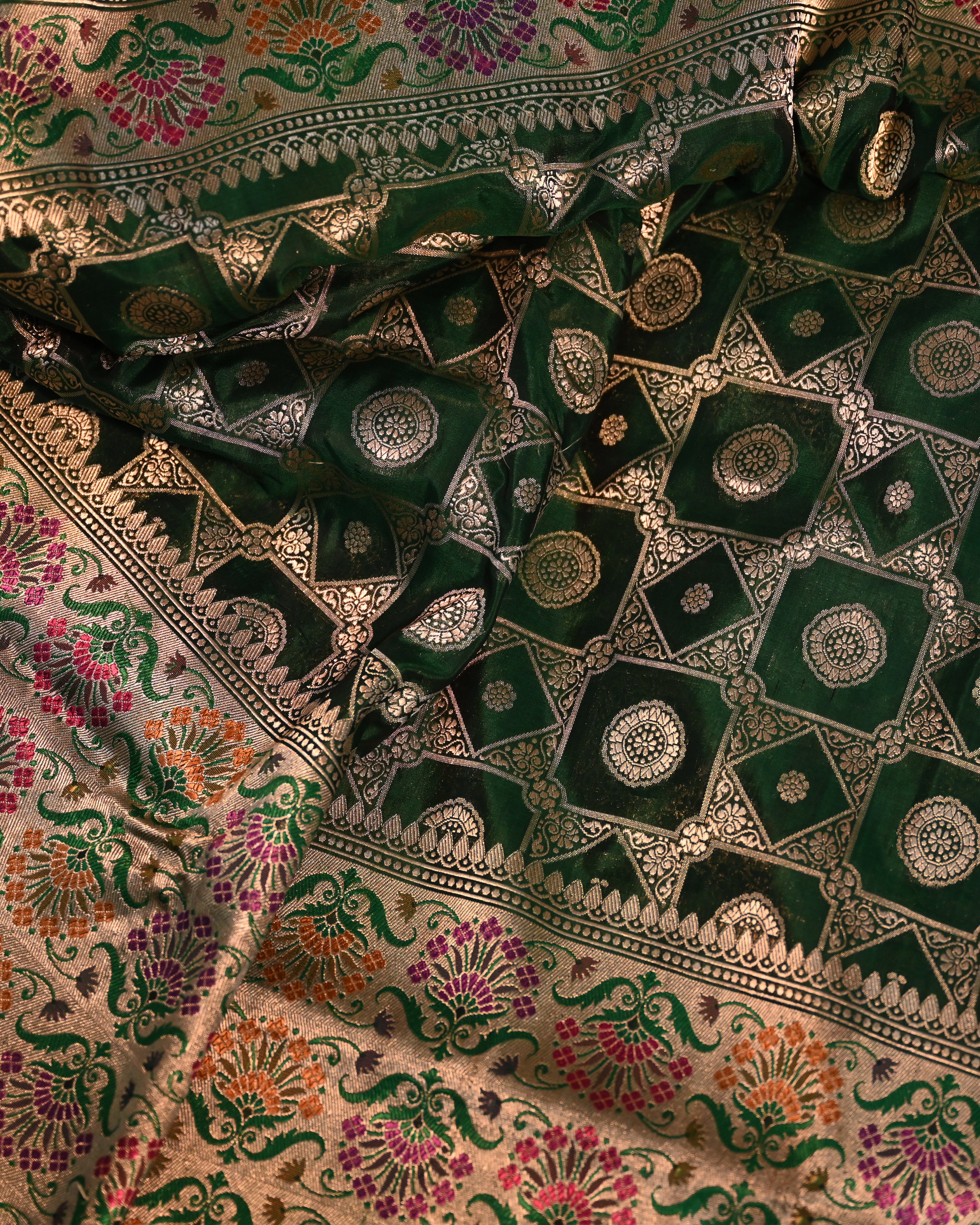 Banarasi Katan Silk Bottle Green Paithani Saree