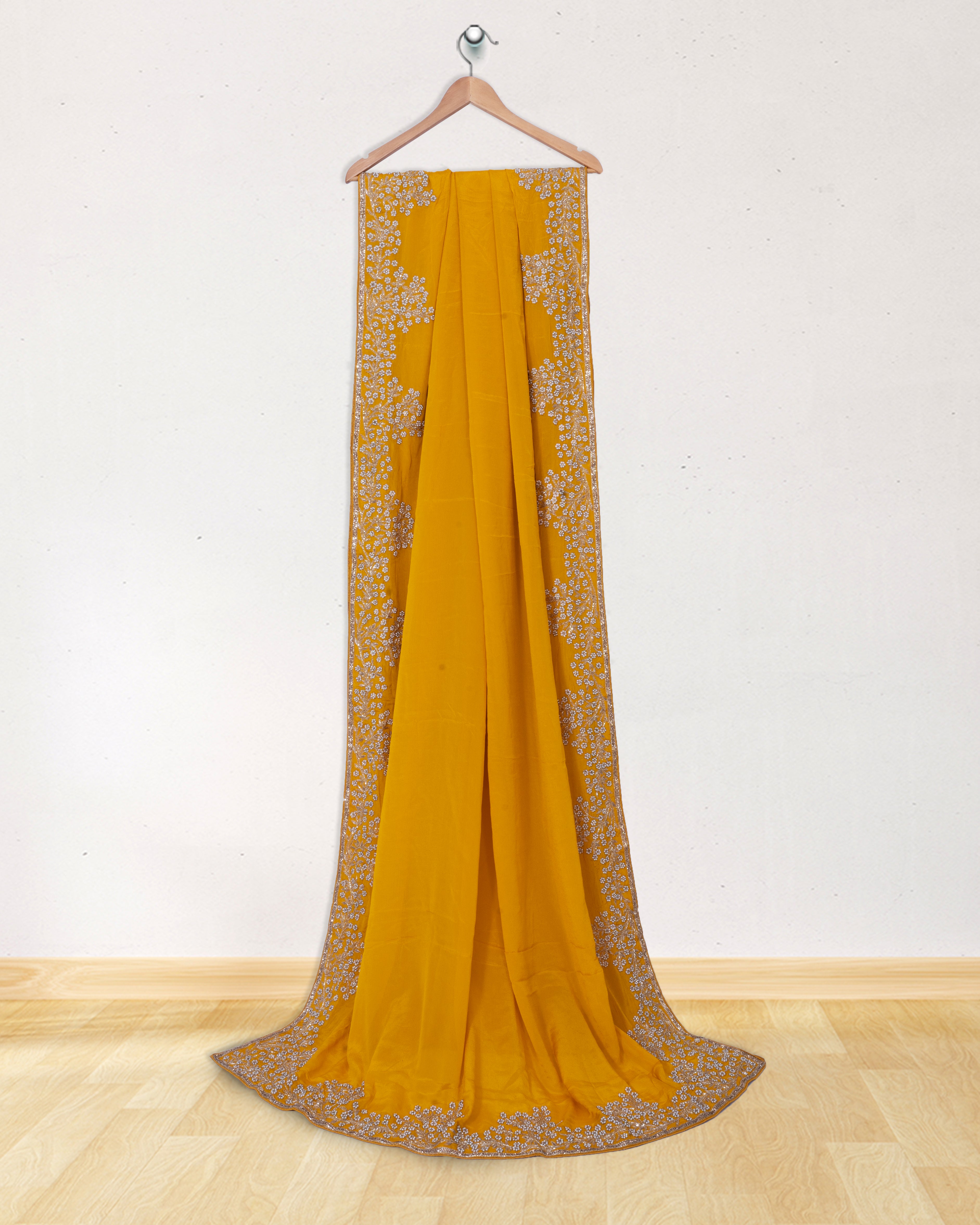 Crepe-Georgette-Mustard-Yellow-Pearl-Embroidery-Saree