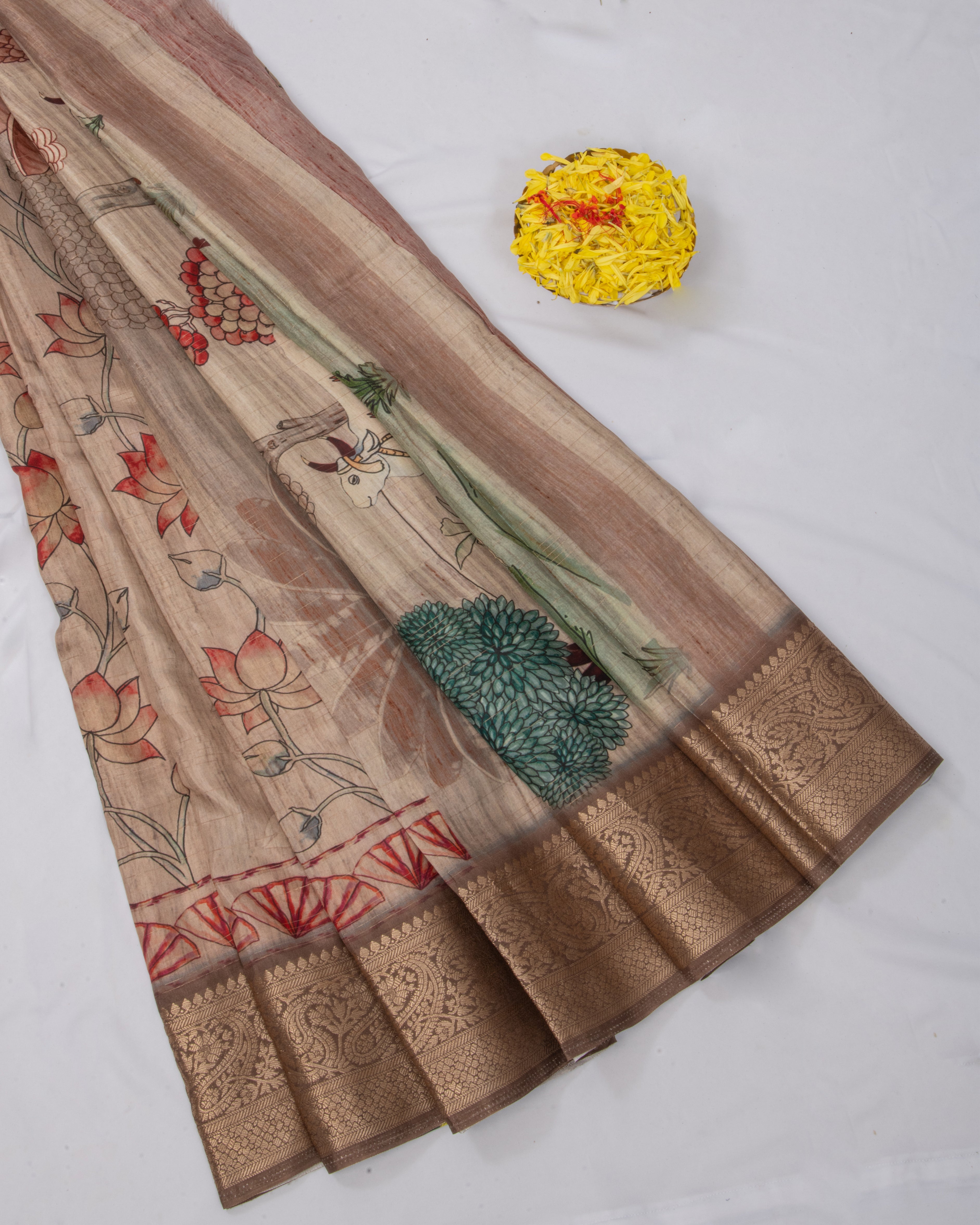 DolaSilkDarkBeigeFloralSaree