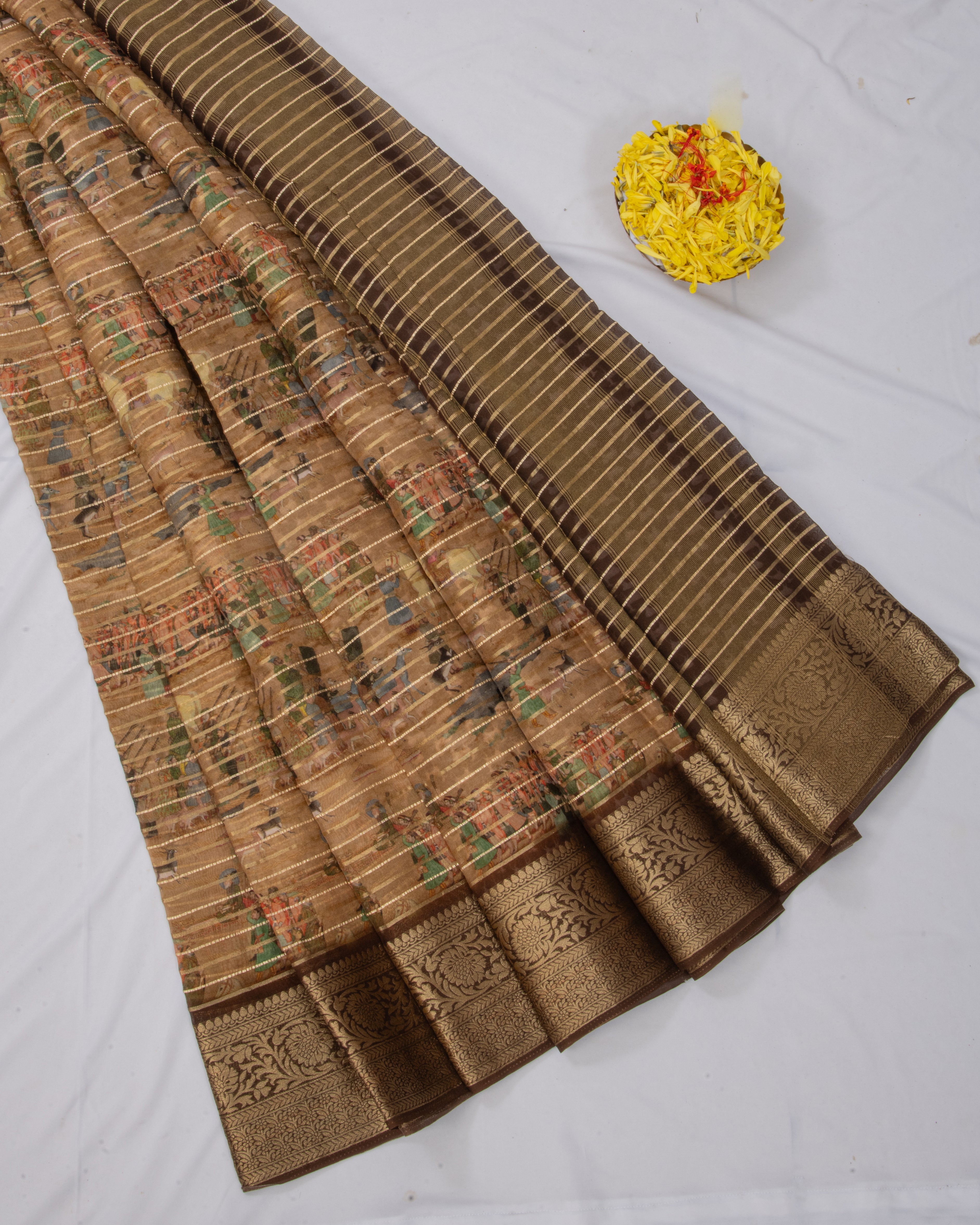 DolaSilkDarkWheatBrownPichawaiPrintSaree