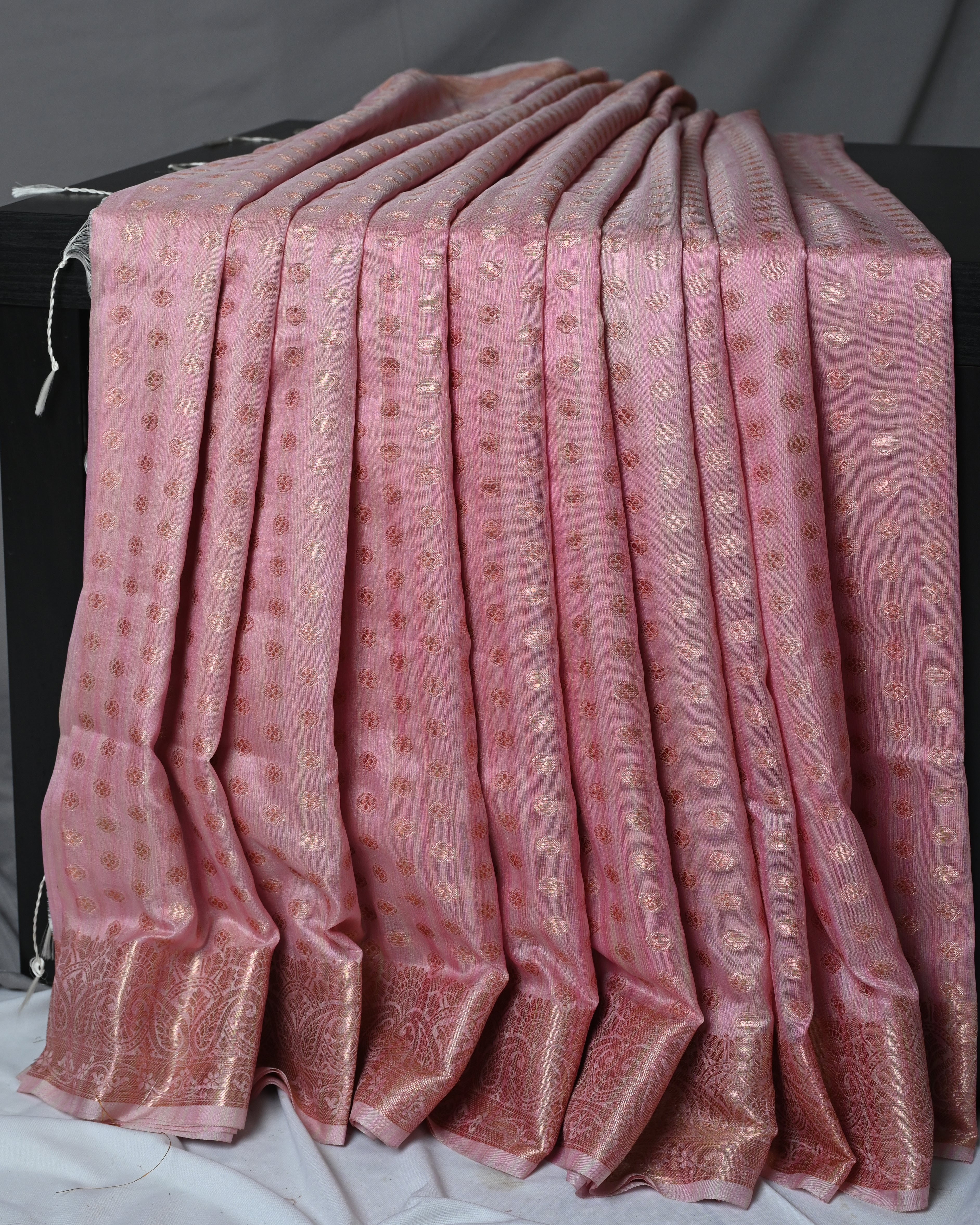 Kora Georgette Baby Pink Polka Dot Saree