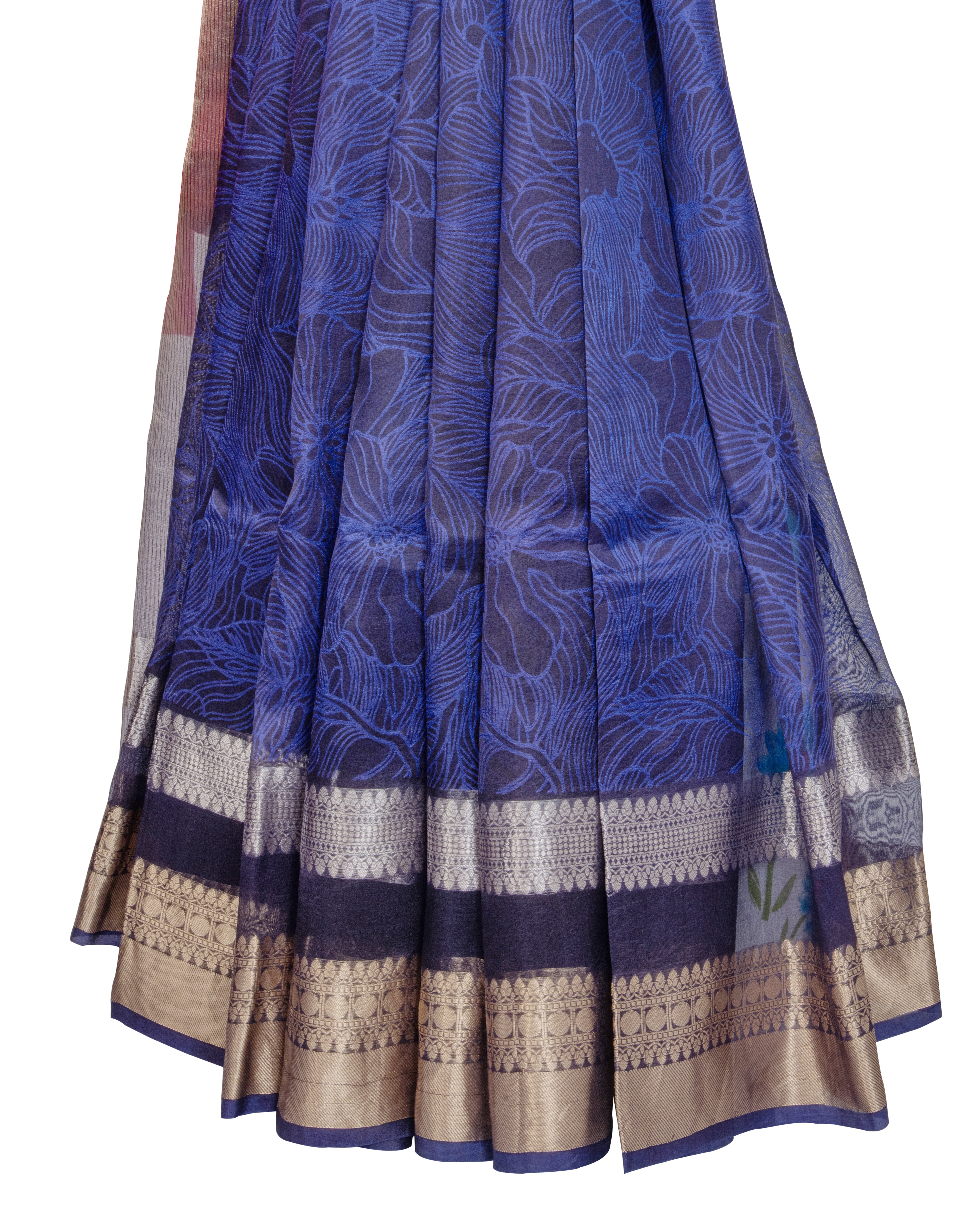 OrganzaBlueLeafPrintSaree