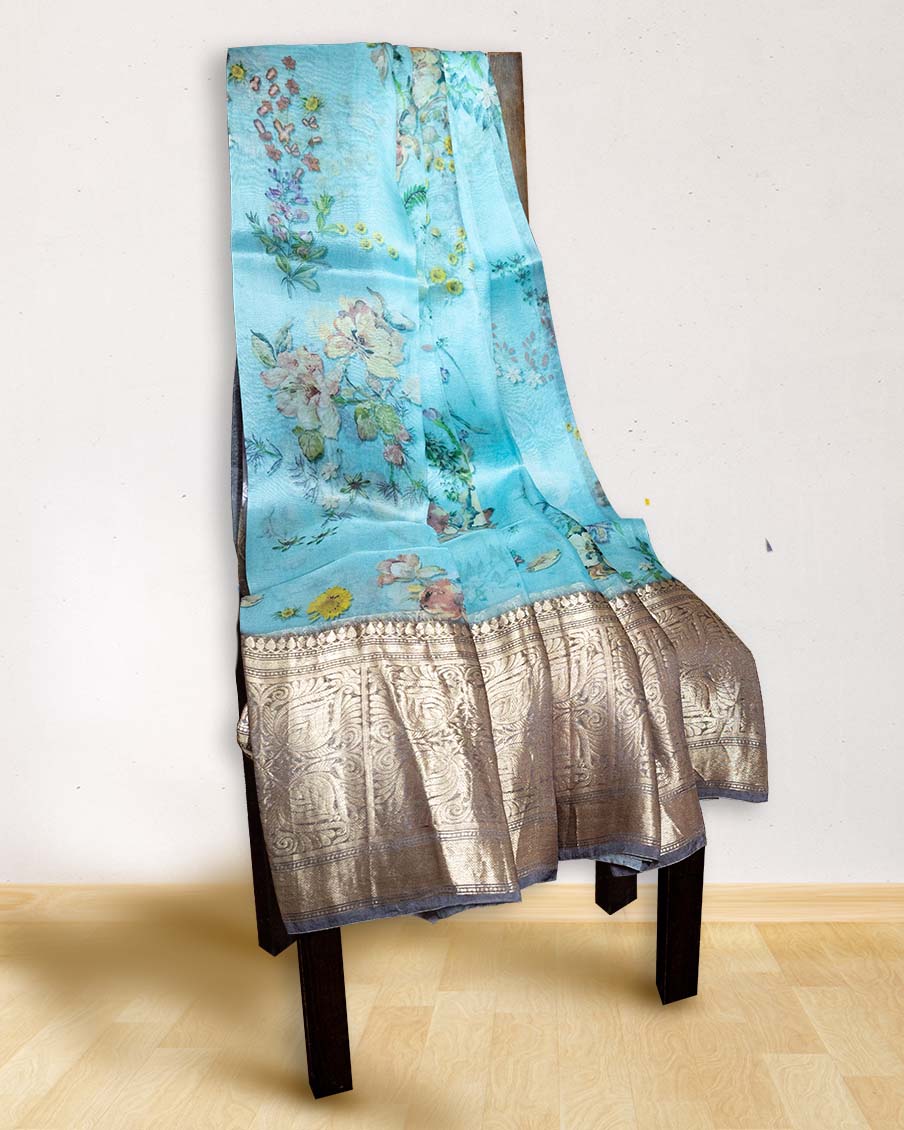 OrganzaFloralPrintedBlueSaree