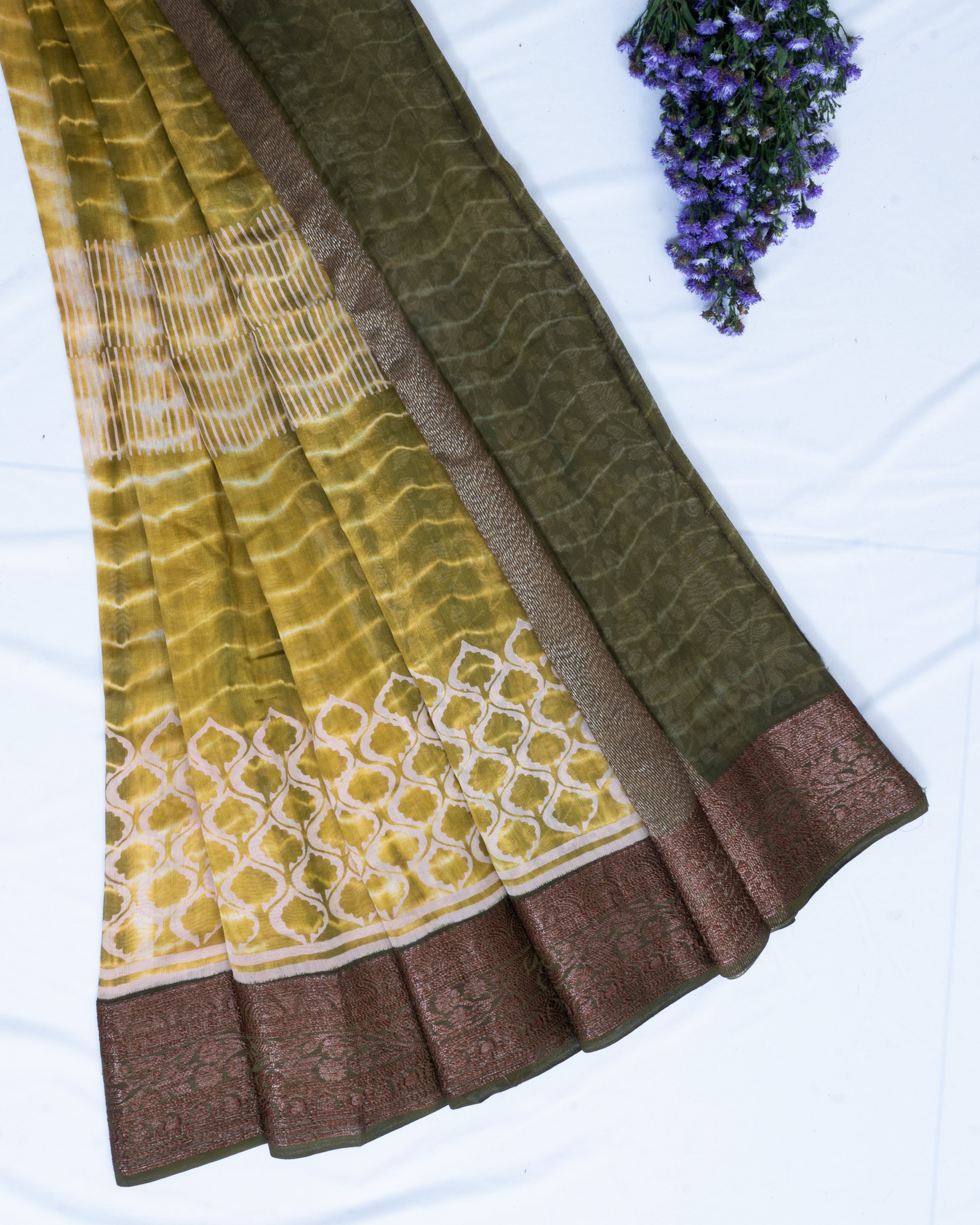 Pure-Chanderi-Light-Army-Green-Saree