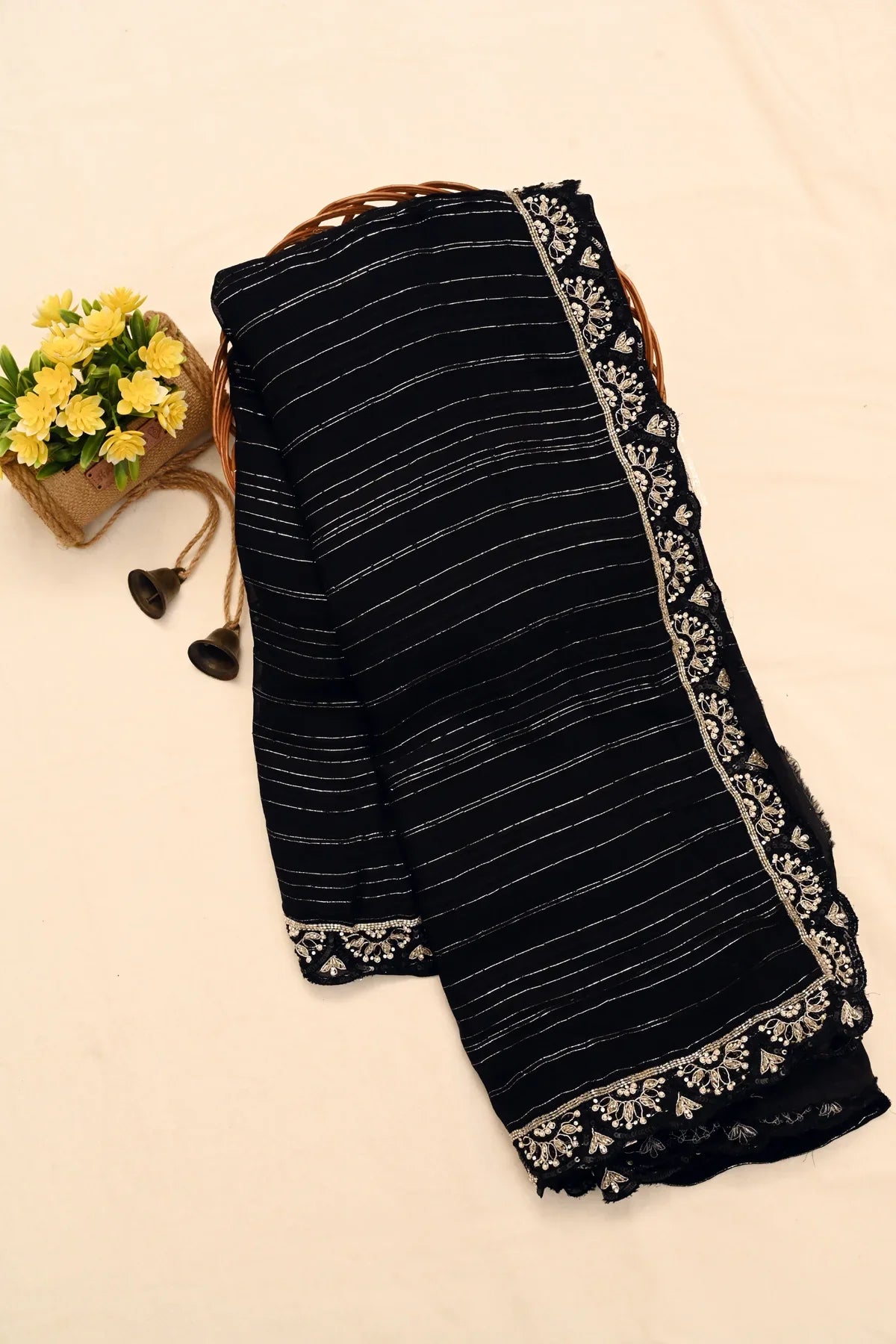 Chiffon Pearl Work Black Saree-Main Page