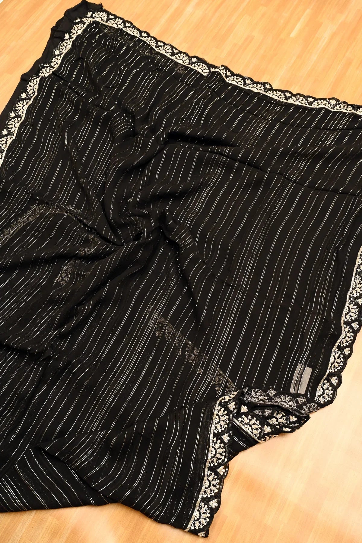 Chiffon Pearl Work Black Saree-Saree and Pallu