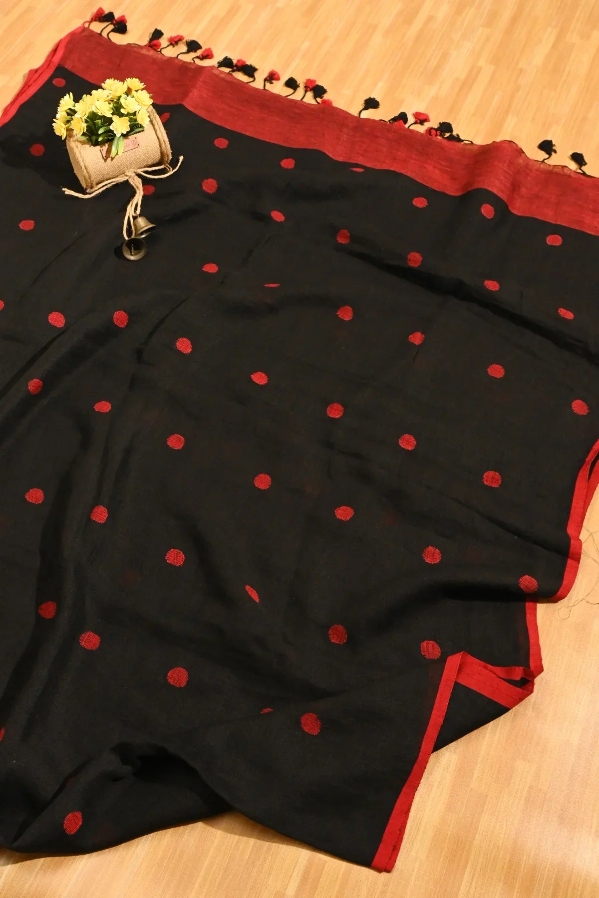 Linen Cotton Polka Dot Buta Black Saree-Saree and Pallu