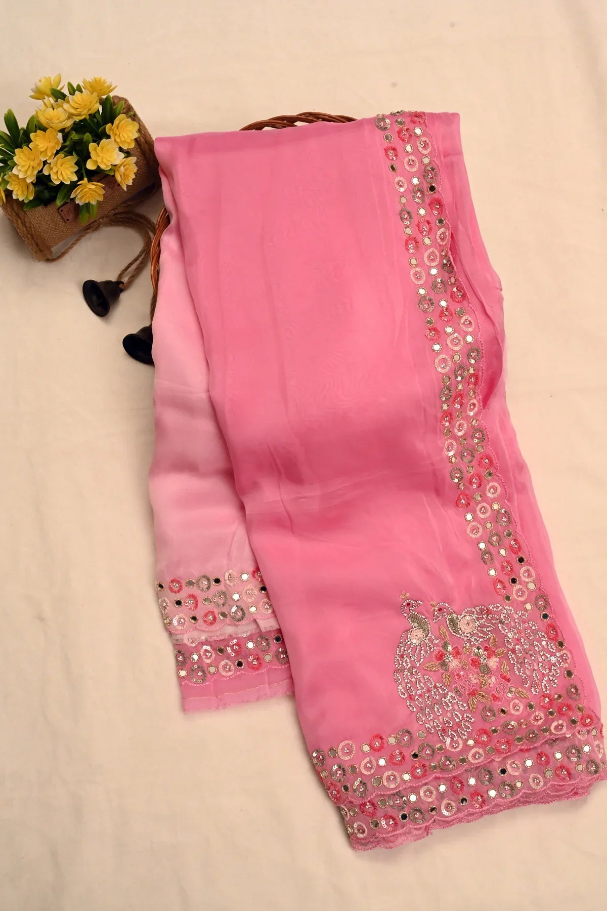 Satin Organza Mirror Work Saree