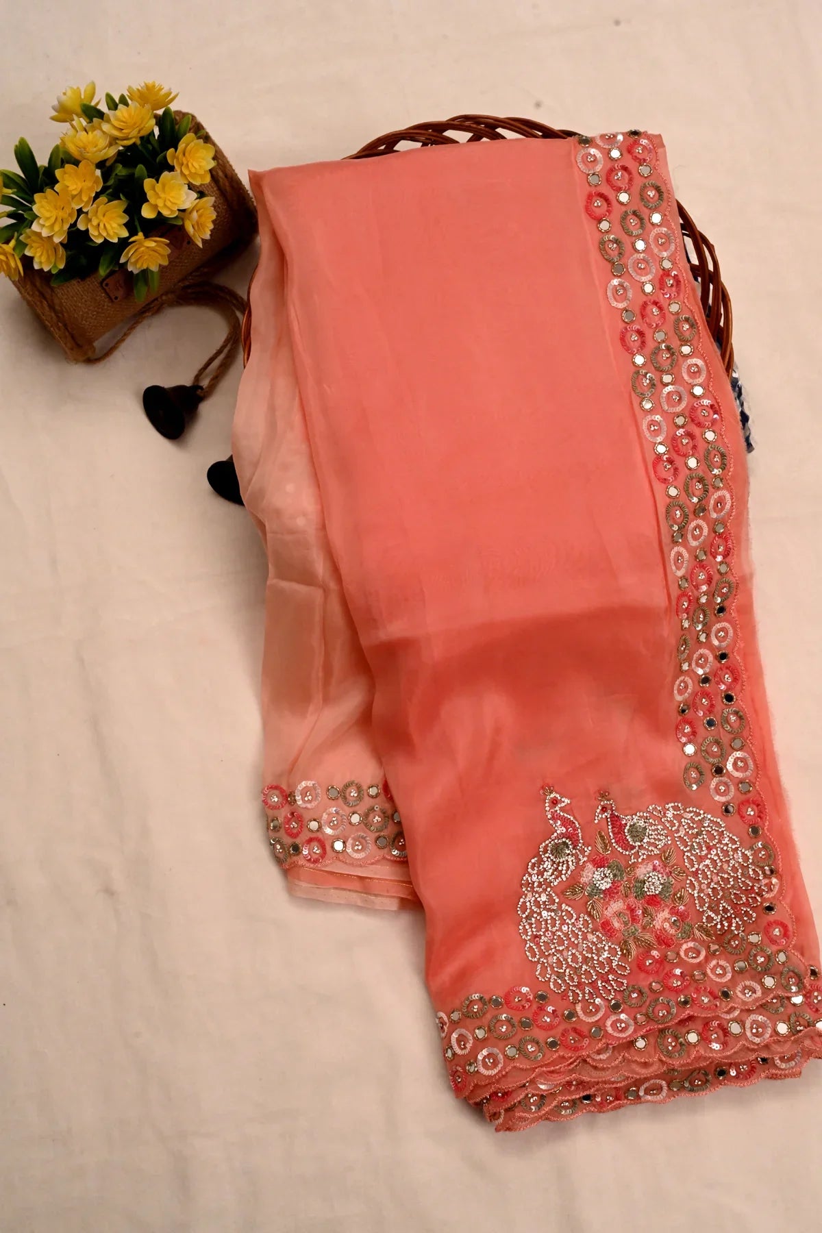 Satin Organza Mirror Work Saree