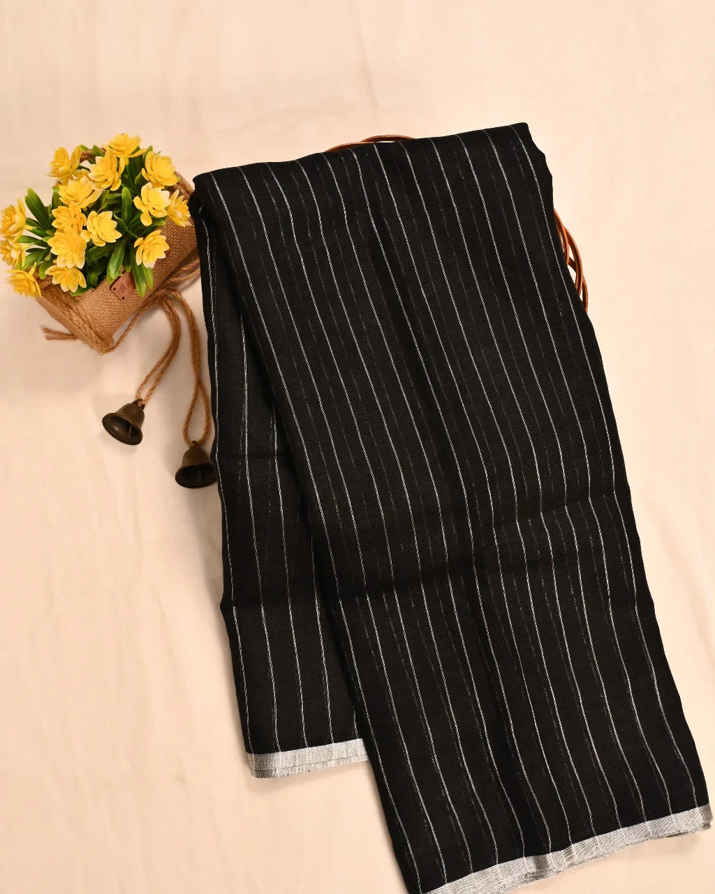Linen Cotton Silver Stripe Black Saree-Main Page