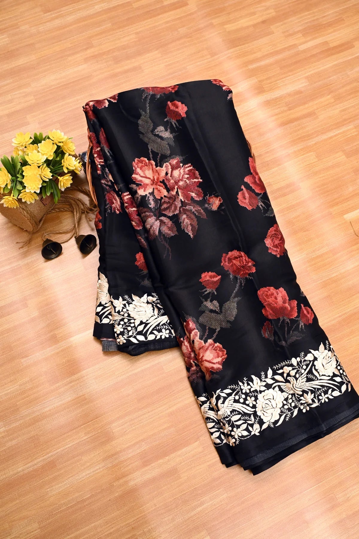 Satin Tussar Floral Print Black Saree-Main Page