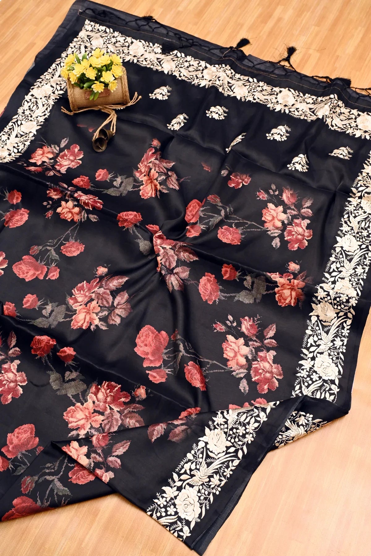 Satin Tussar Floral Print Black Saree-Saree and Pallu