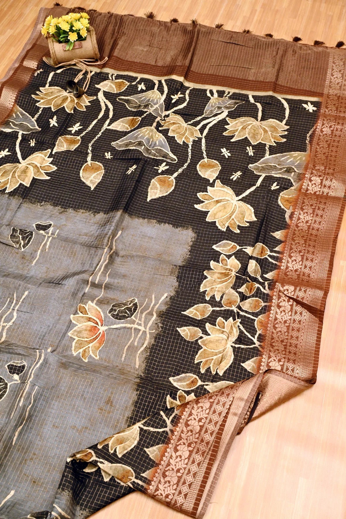 Abudhai Crepe Lotus Print Clay Ash Saree-Saree and Pallu