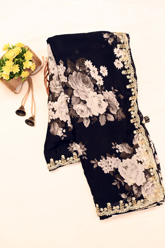 Pure Chiffon Floral Print Black Saree-Main Image