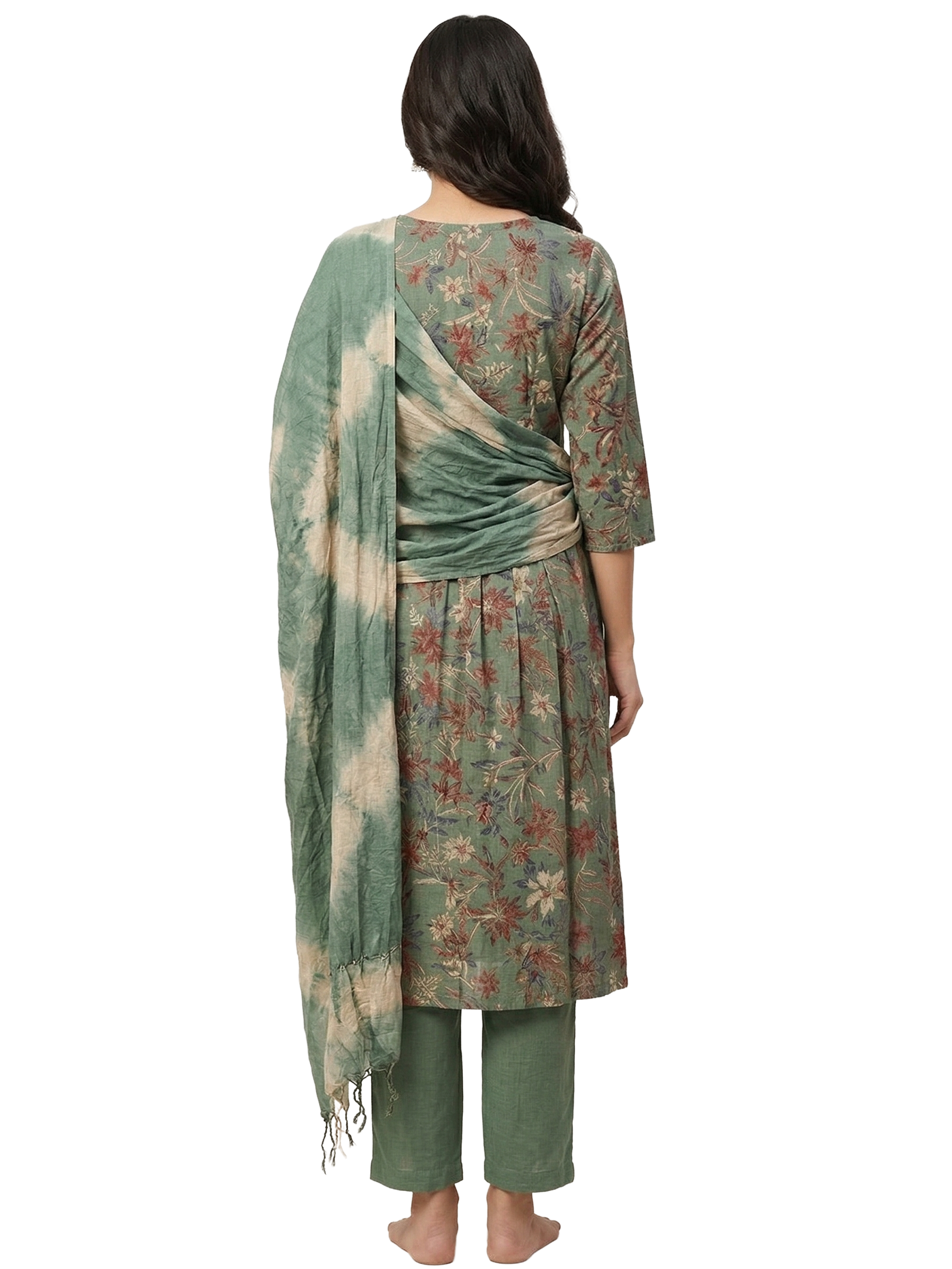 Sage green Floral 3 Piece Kurti Set