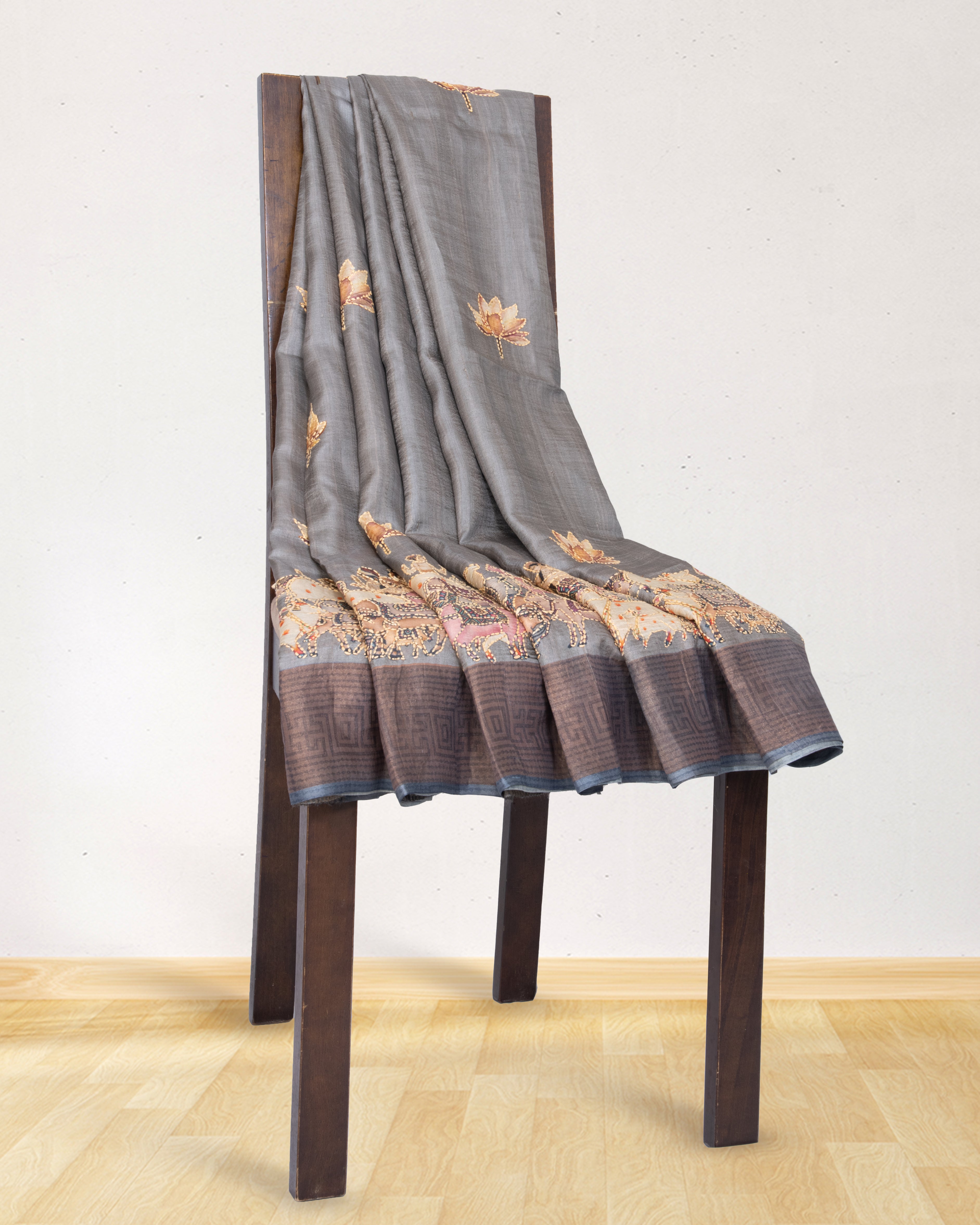 Tussar-Embroidery-and-Pichiwai-Grey-Saree