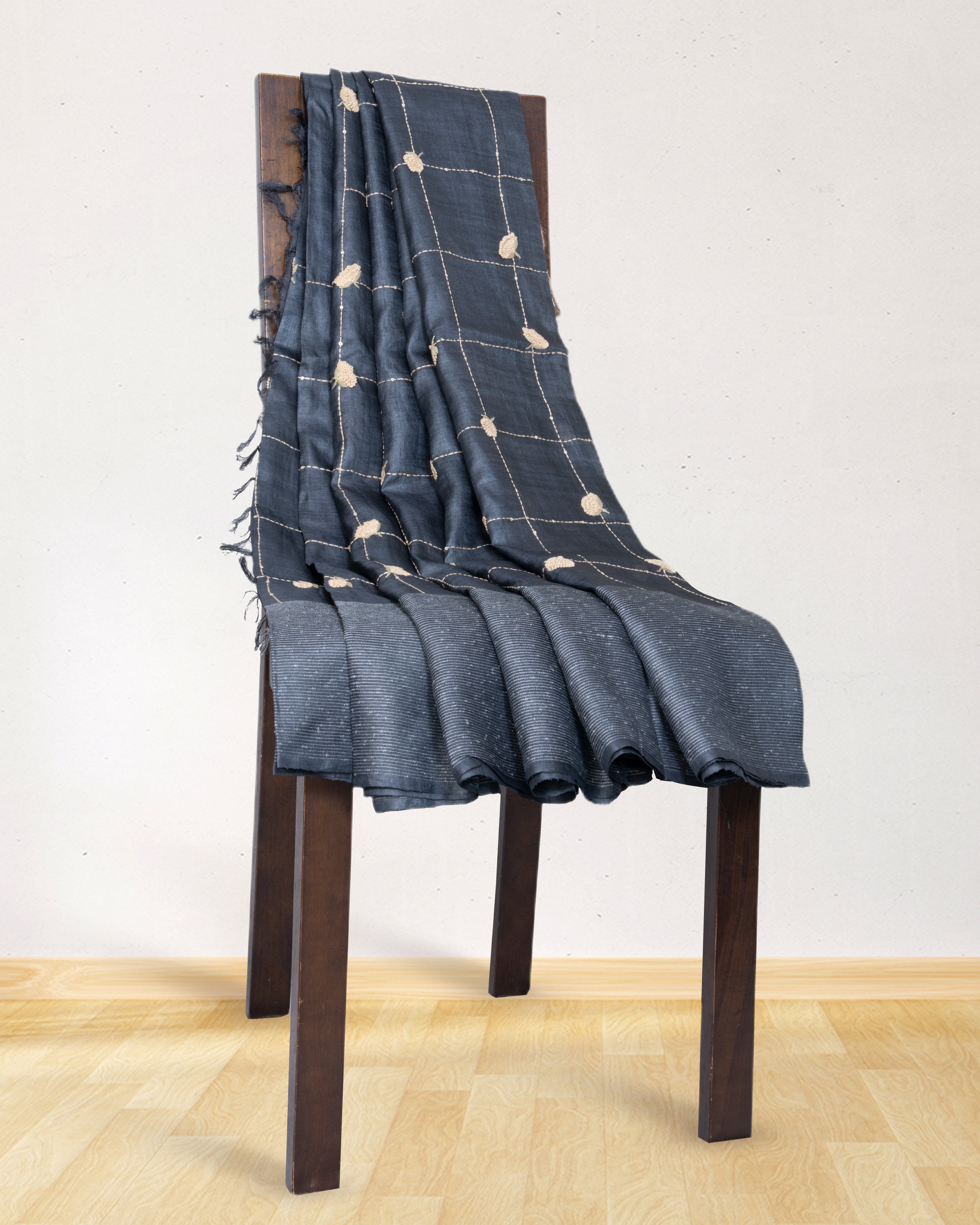 Tussar-Slate-Grey-Checks-Saree