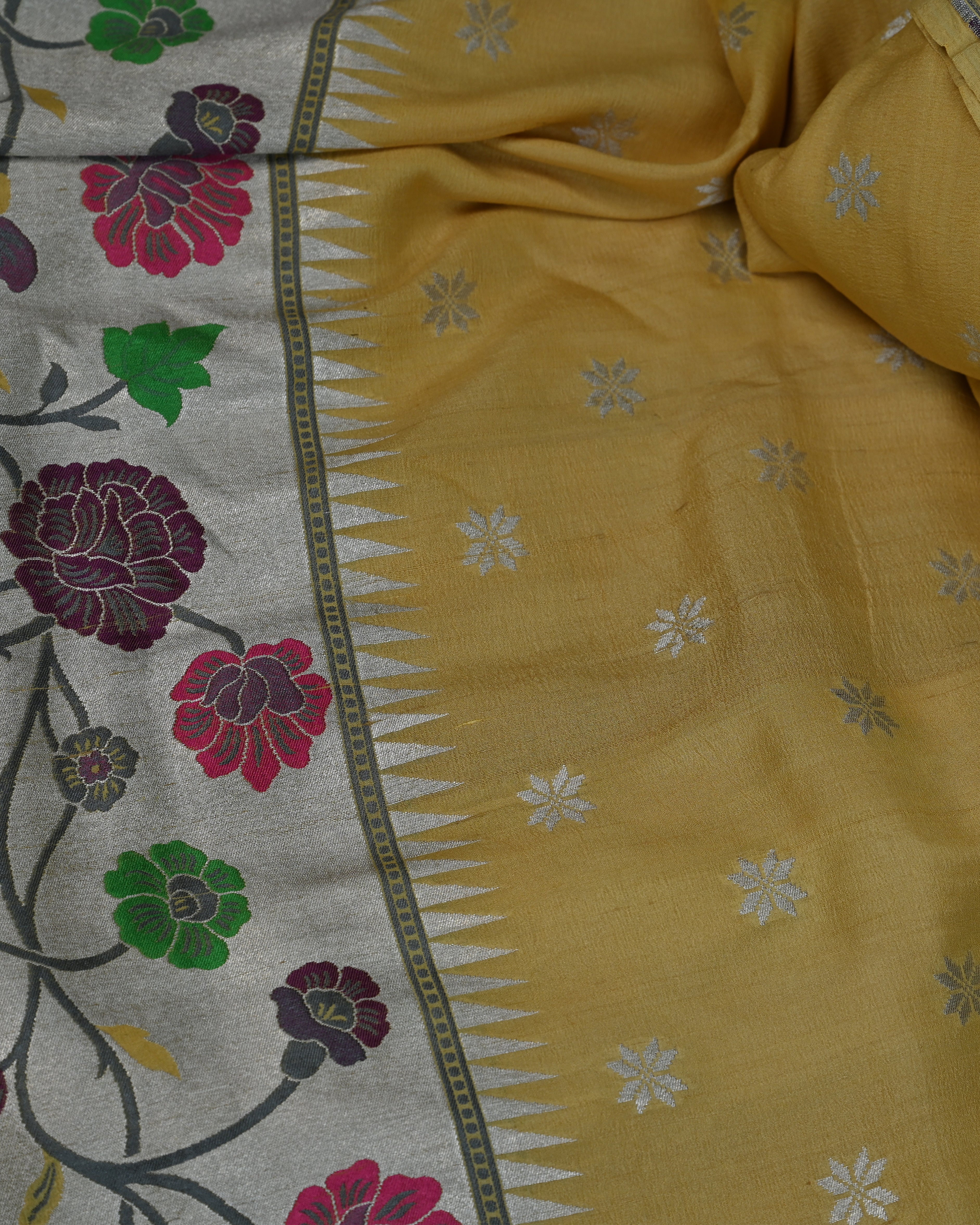 Tussar Crepe Yellow Paithani Saree
