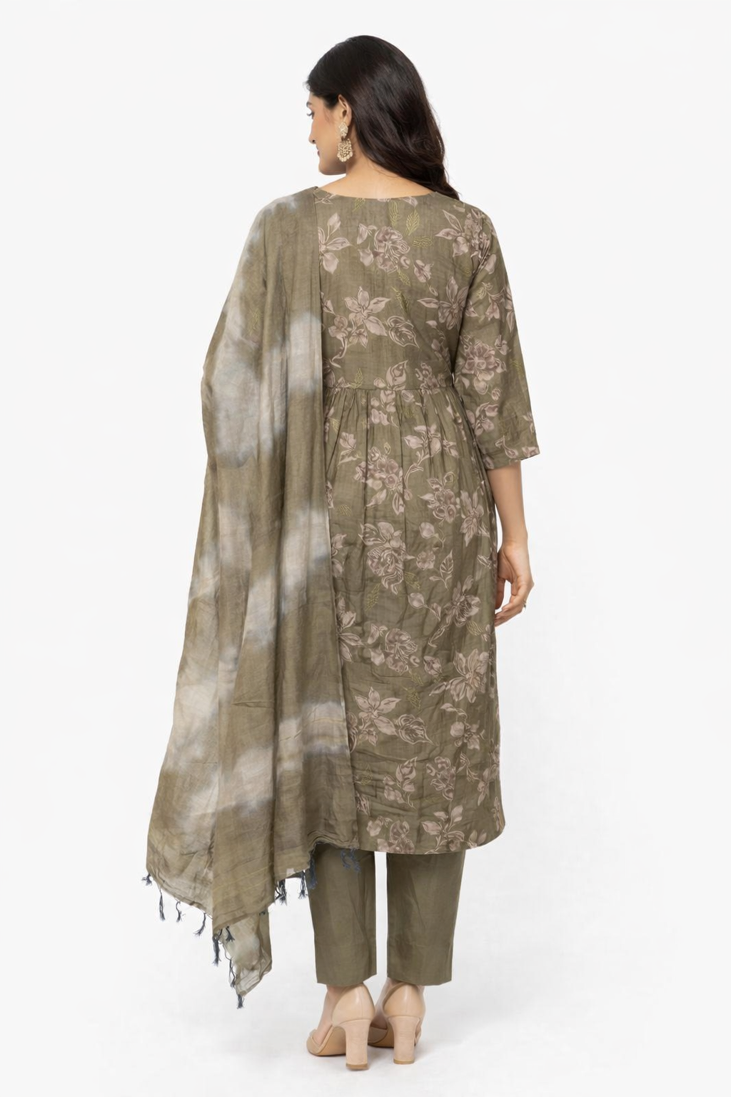 Muted olive green Floral 3 Piece Kurti Set