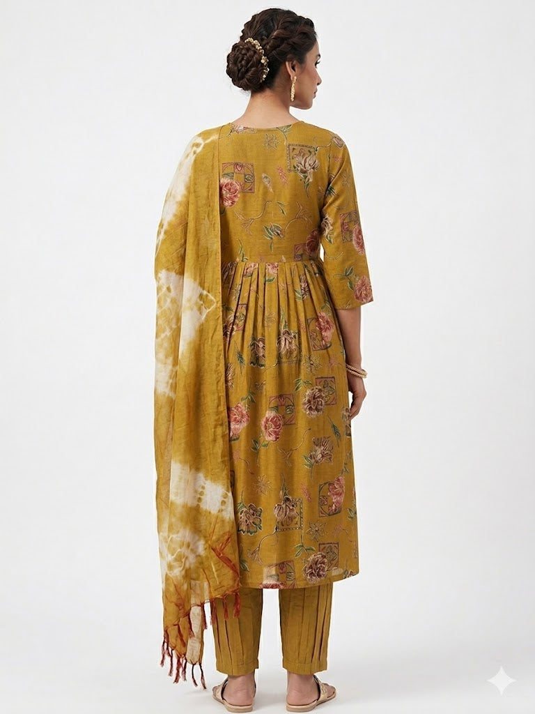 Mustard Yellow Floral 3 Piece Kurti Set