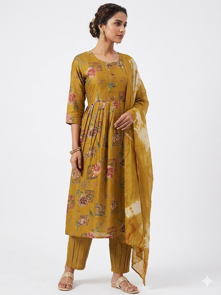 Mustard Yellow Floral 3 Piece Kurti Set