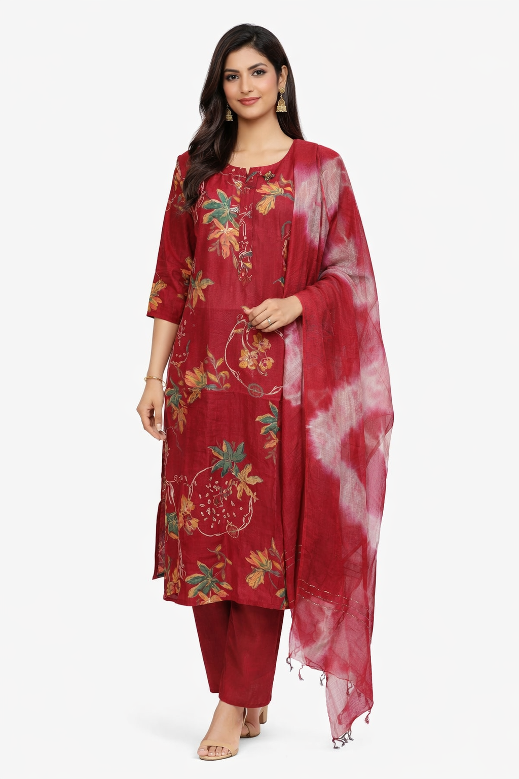 Deep Maroon Floral 3 Piece Kurti Set