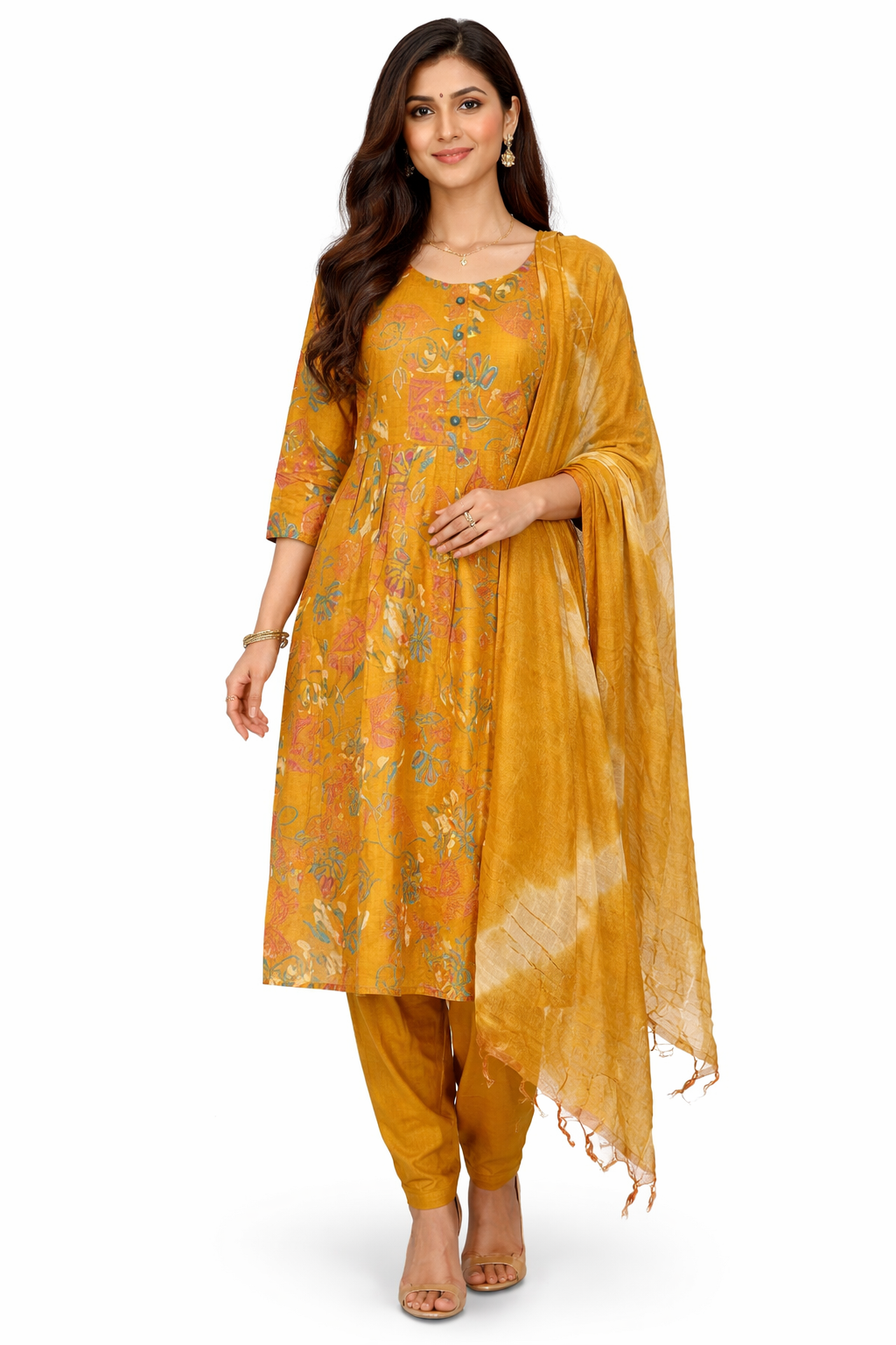 Yellow Floral 3 Piece Kurti Set