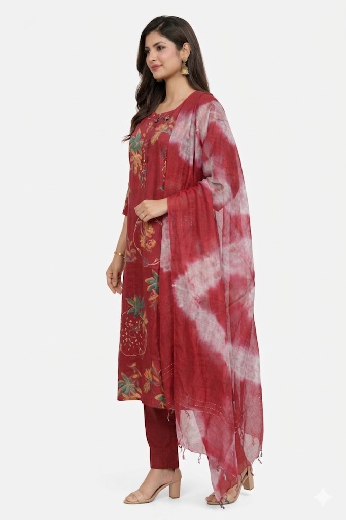 Deep Maroon  Floral 3 Piece Kurti Set