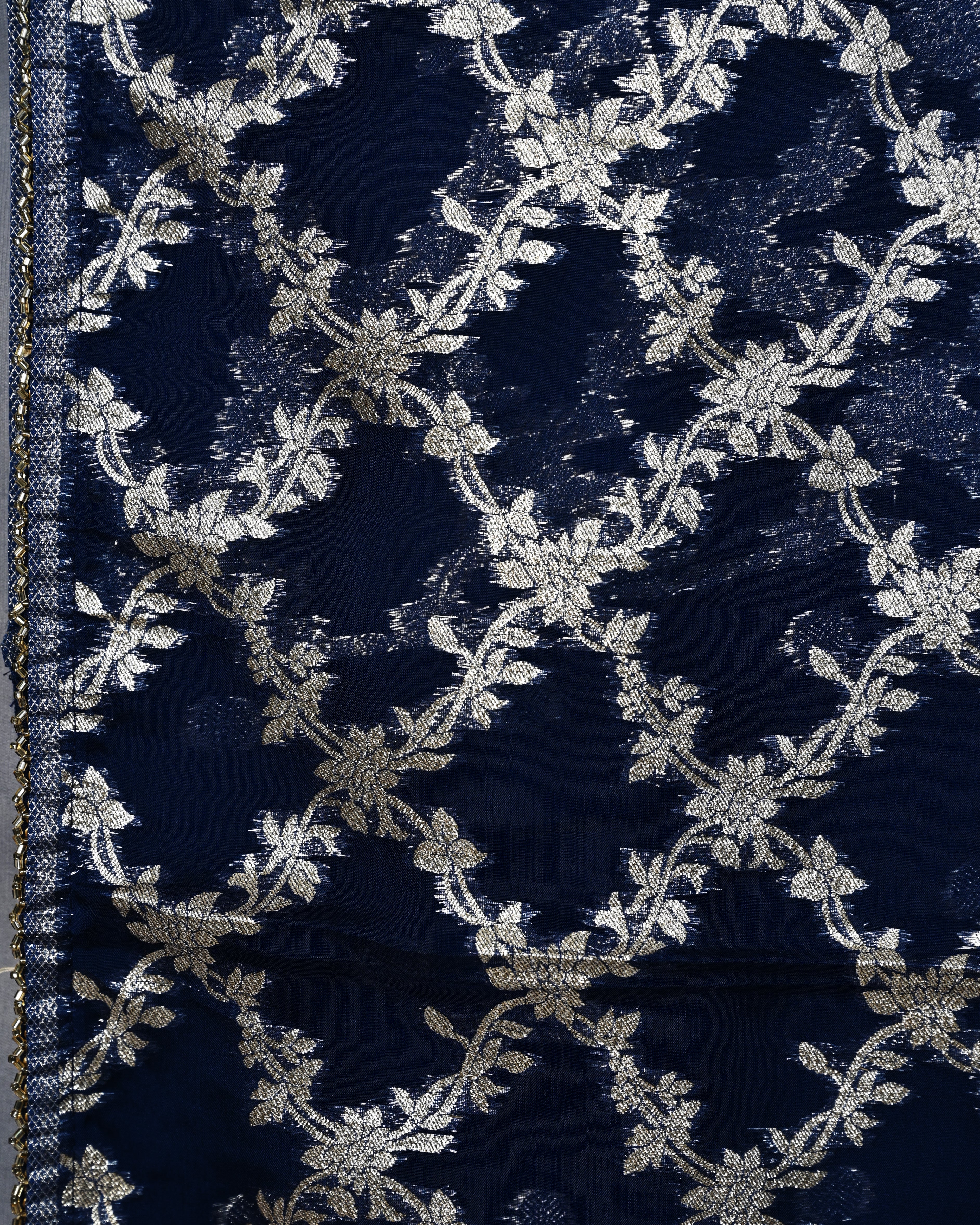 Banarasi Kora Georgette Navy Blue Jaal Saree