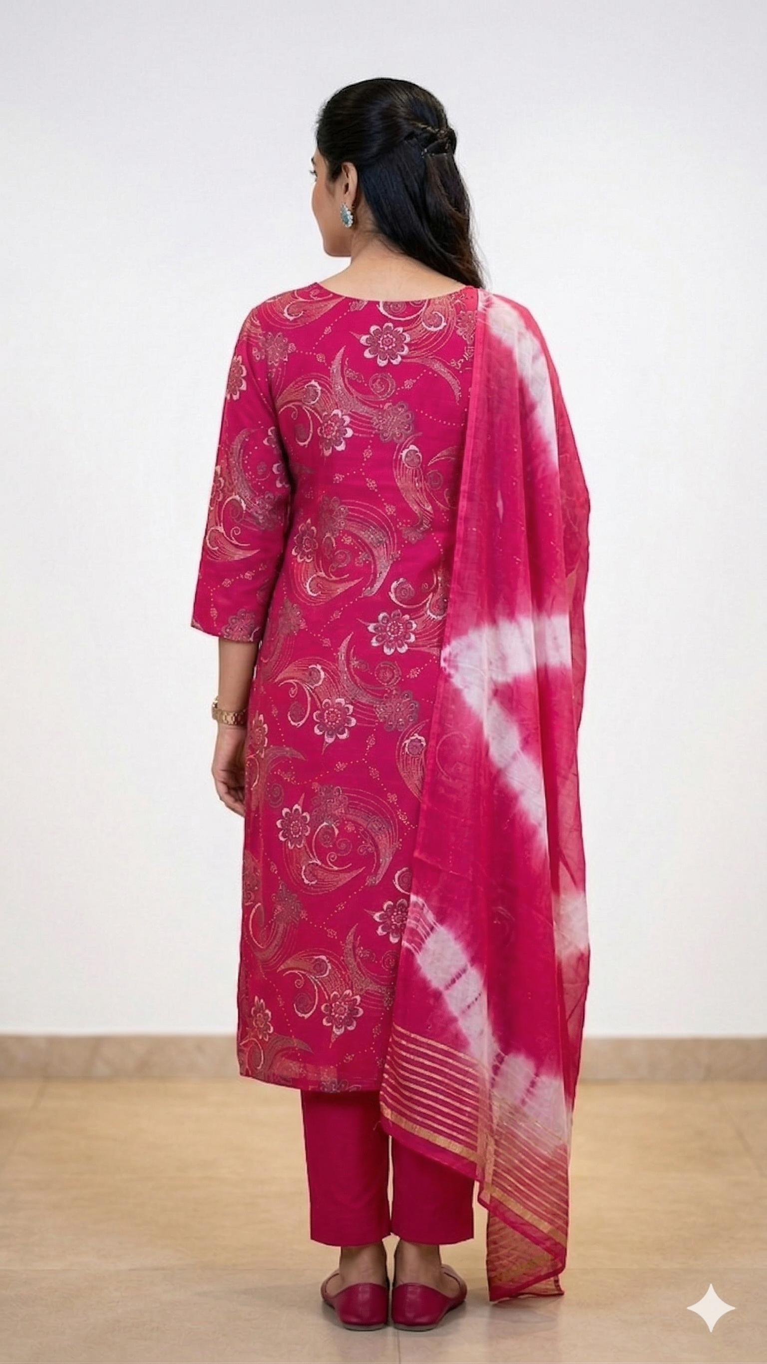 Dark Pink Floral 3 Piece Kurti Set