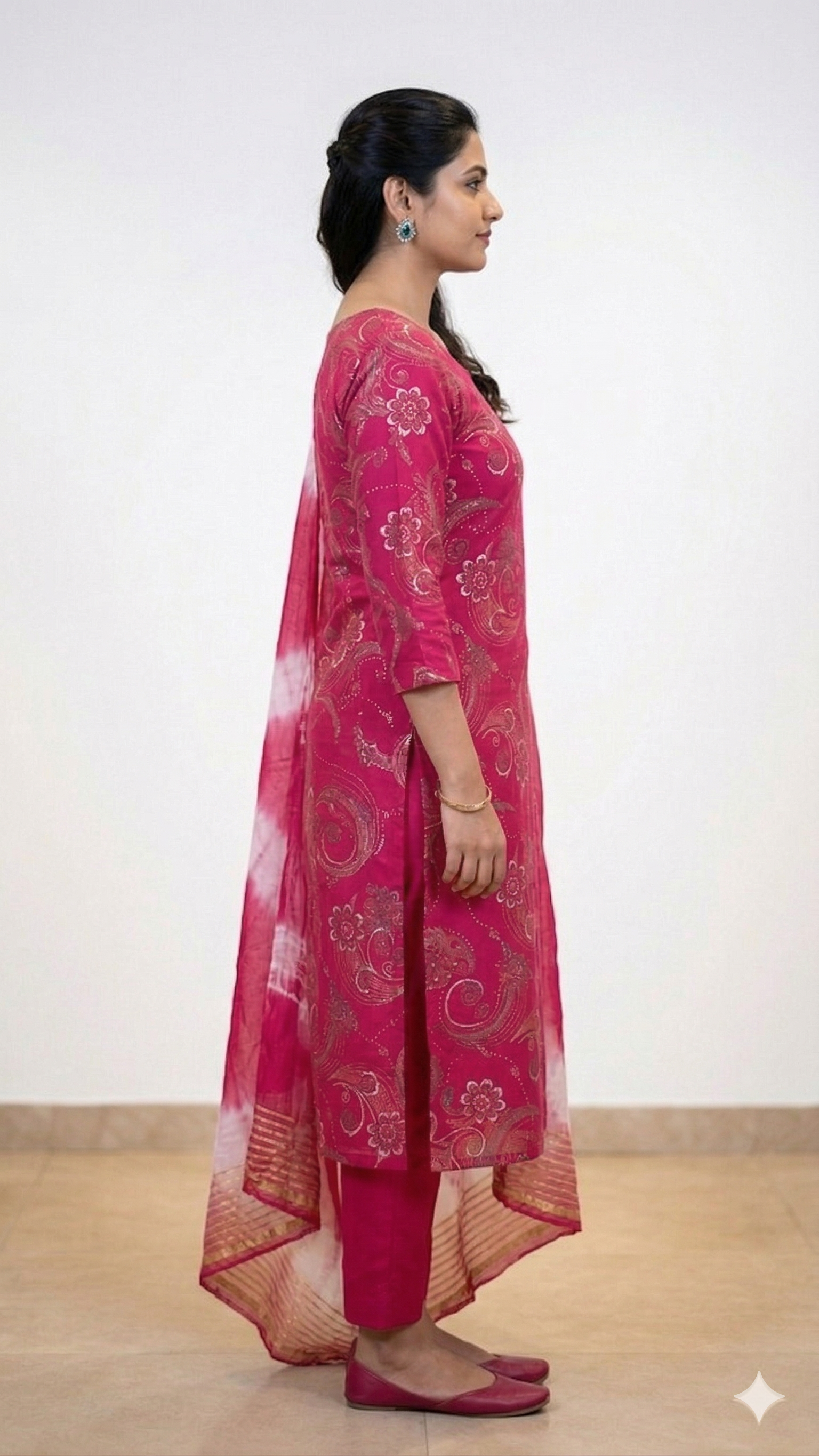 Dark Pink Floral 3 Piece Kurti Set
