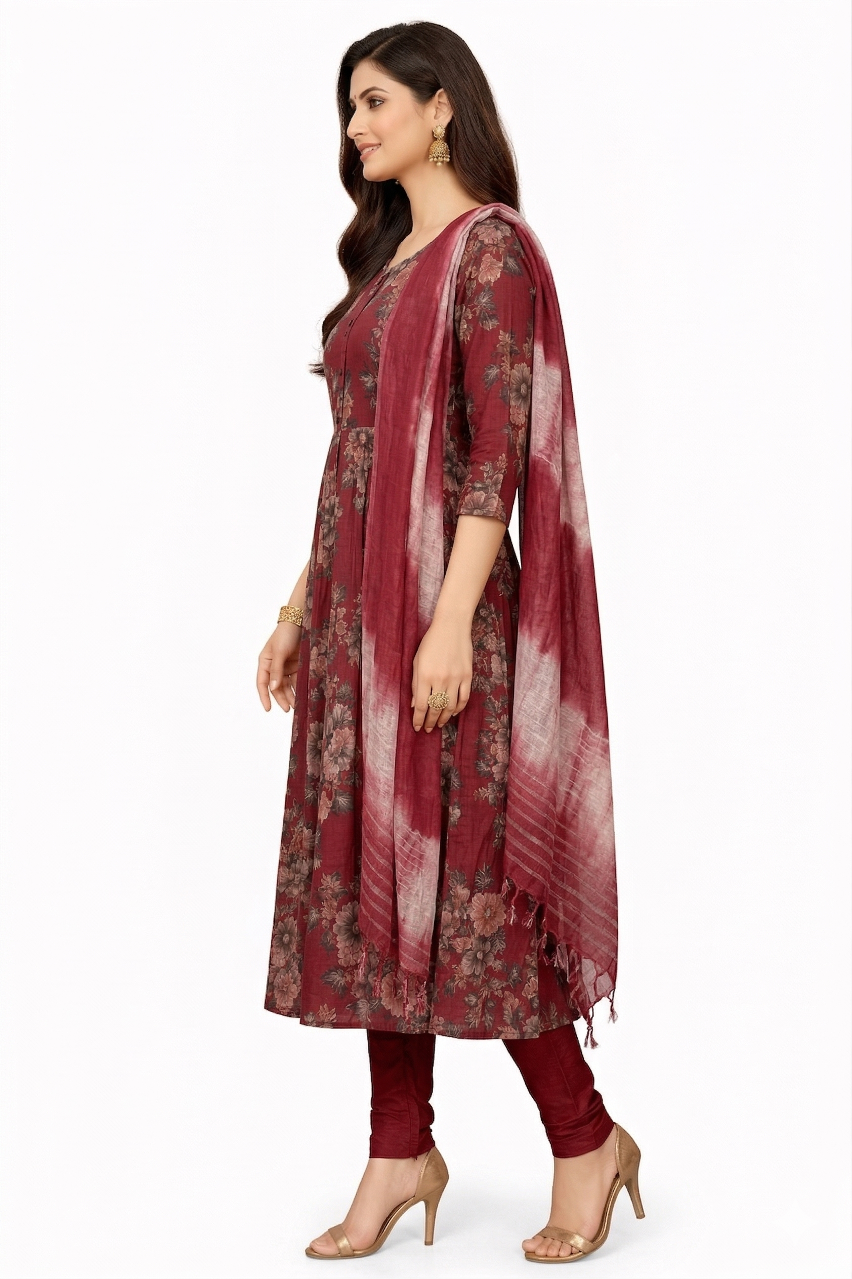 Maroon Floral 3 Piece Kurti Set