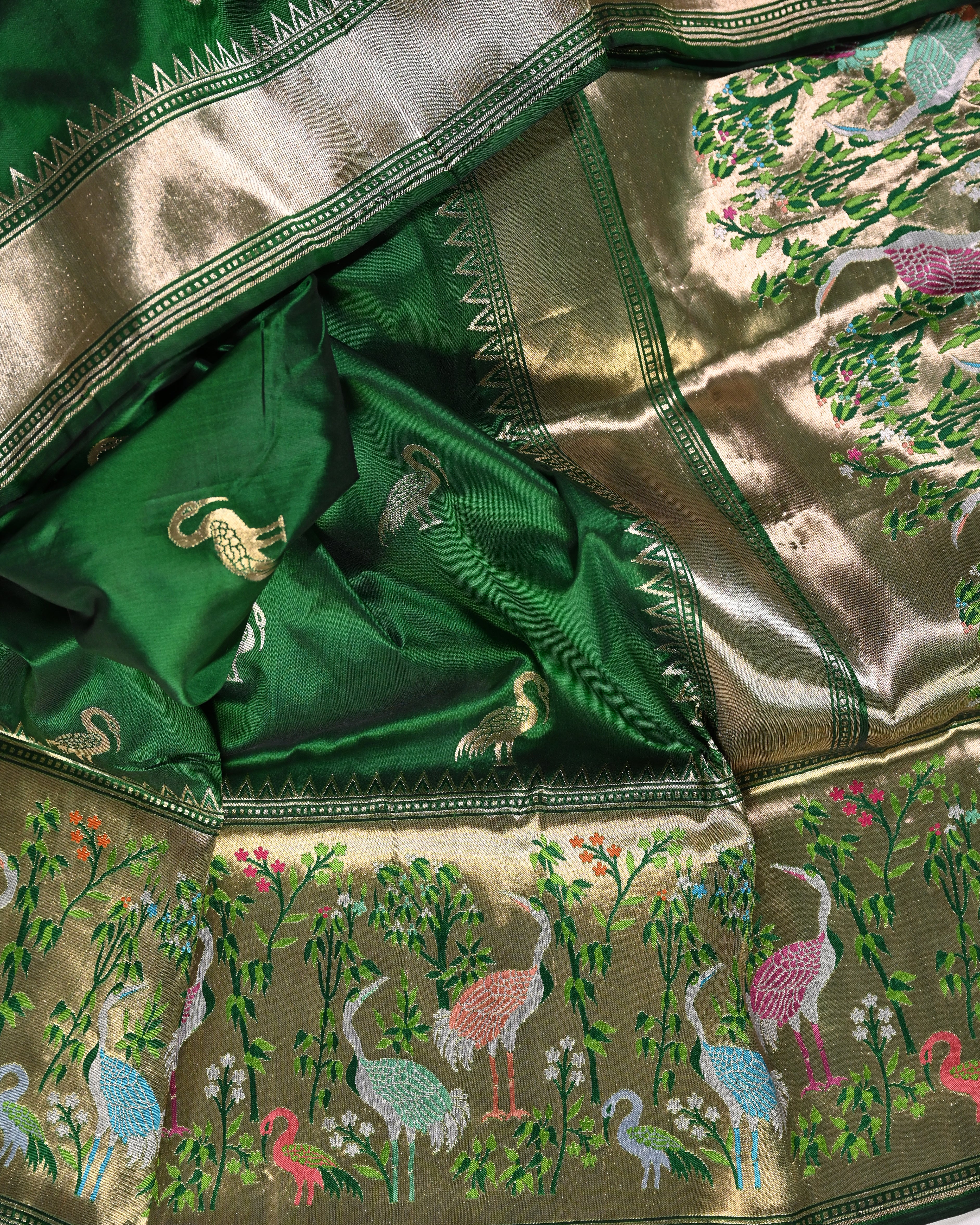 Banarasi Katan Silk Bottle Green Paithani Saree