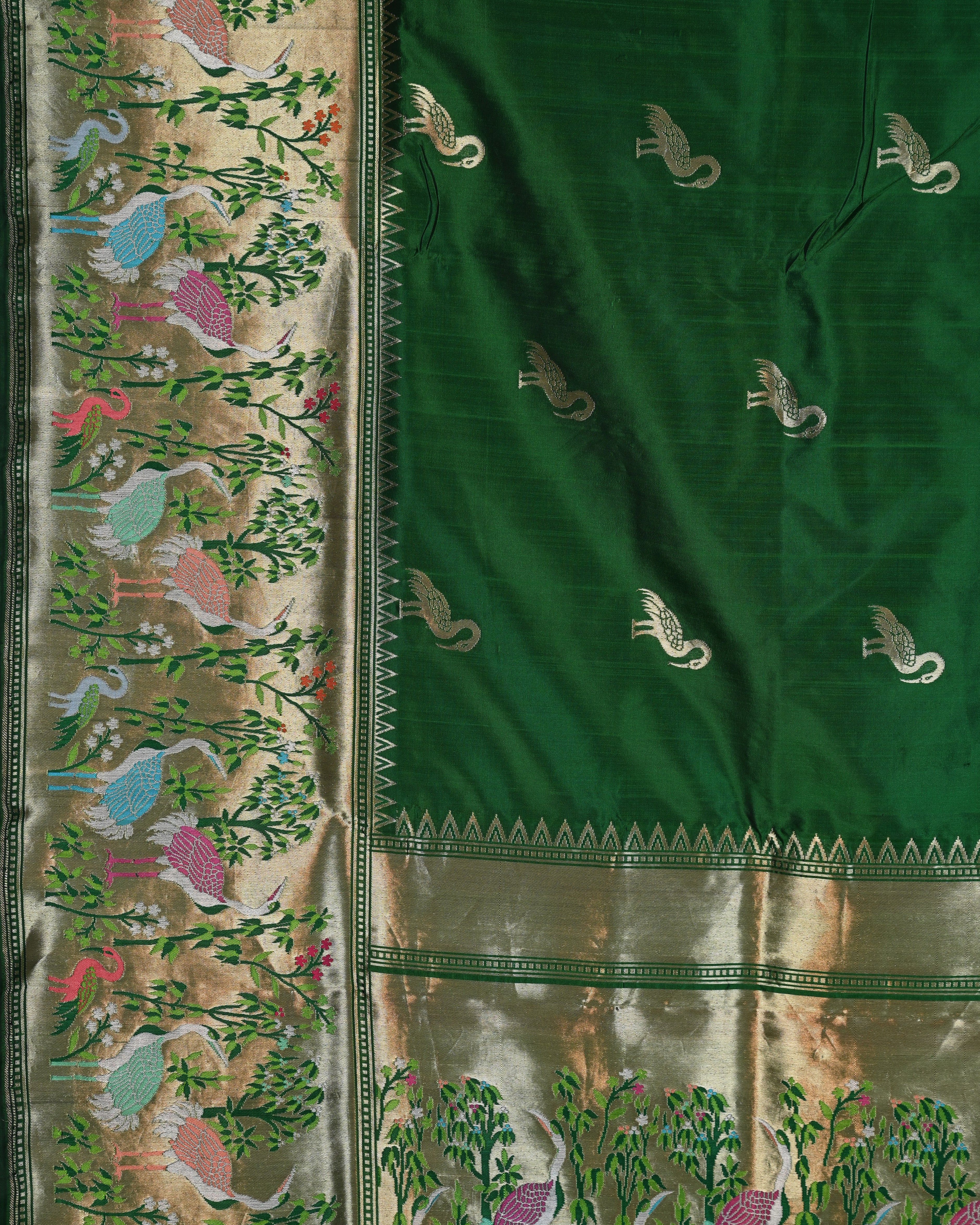 Banarasi Katan Silk Bottle Green Paithani Saree