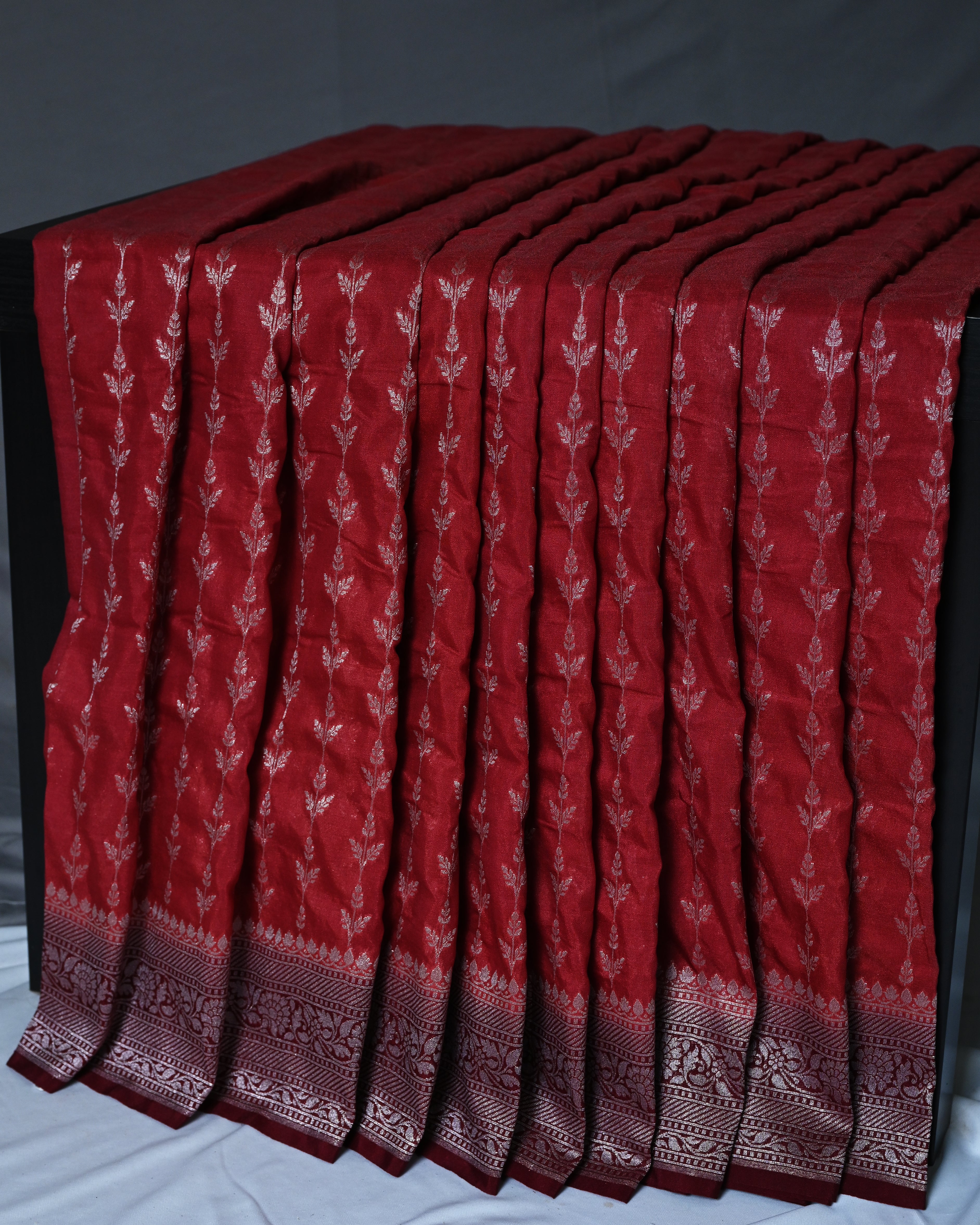 Kora Georgette Red Buta Stripe Saree