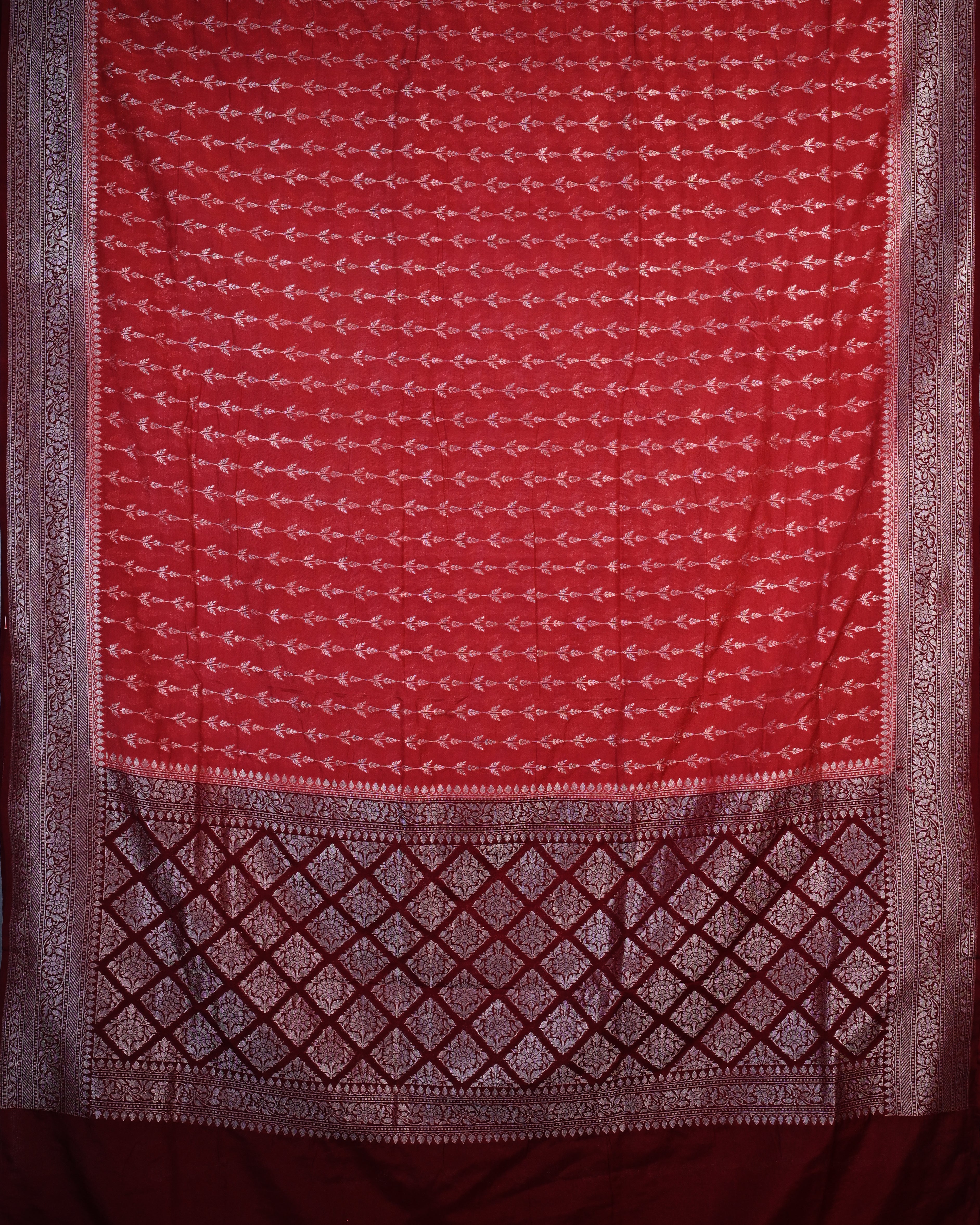 Kora Georgette Red Buta Stripe Saree