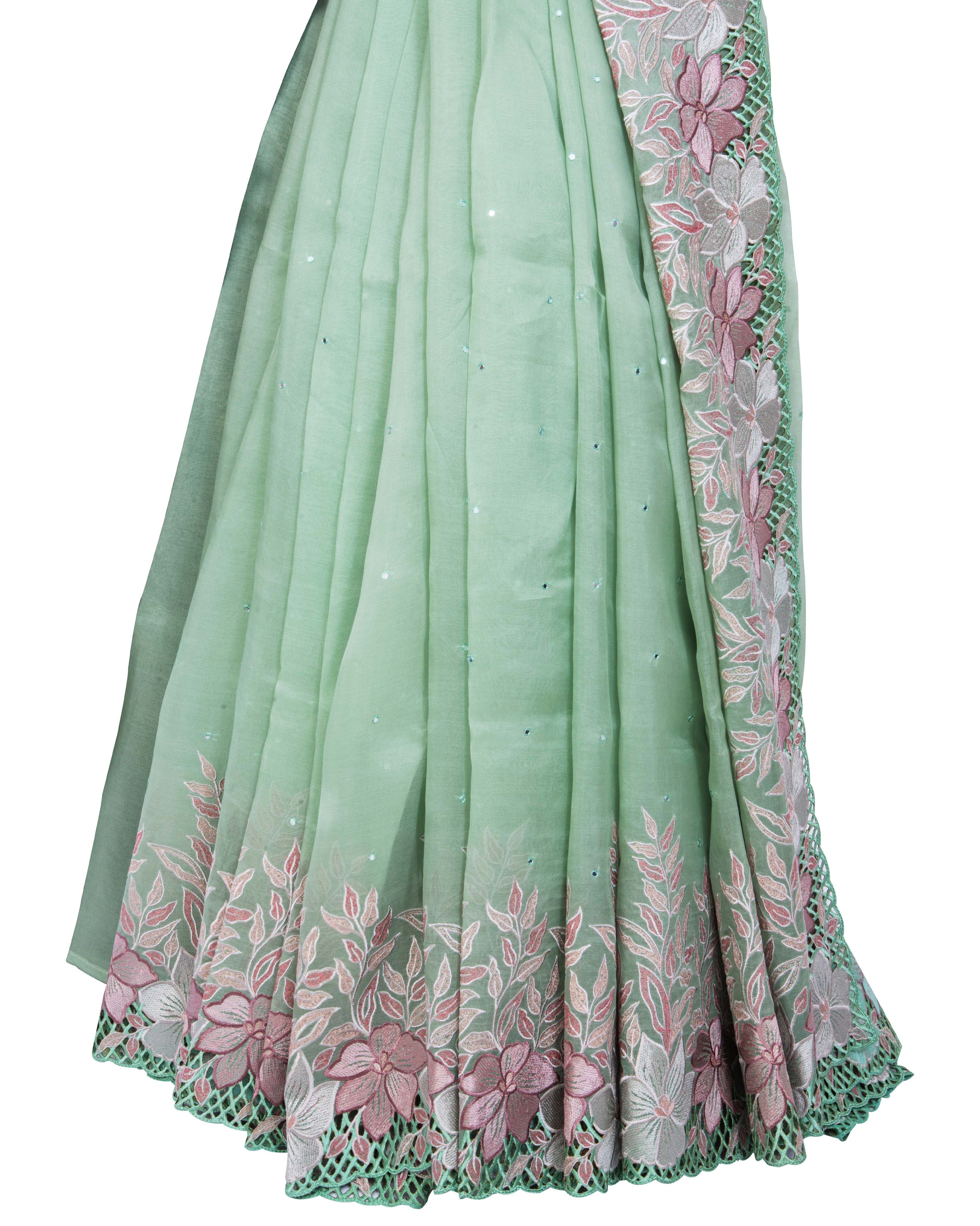 Organza Pastel Green Floral Embroidery Saree