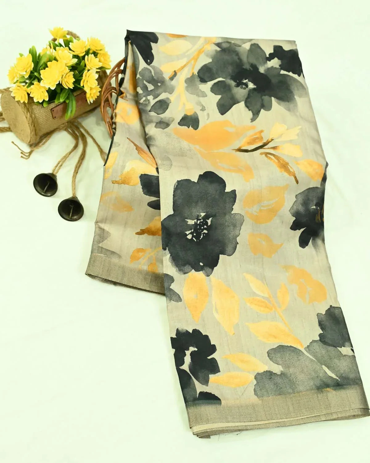 Tussar Silk Floral Print Grey Saree - Main Page