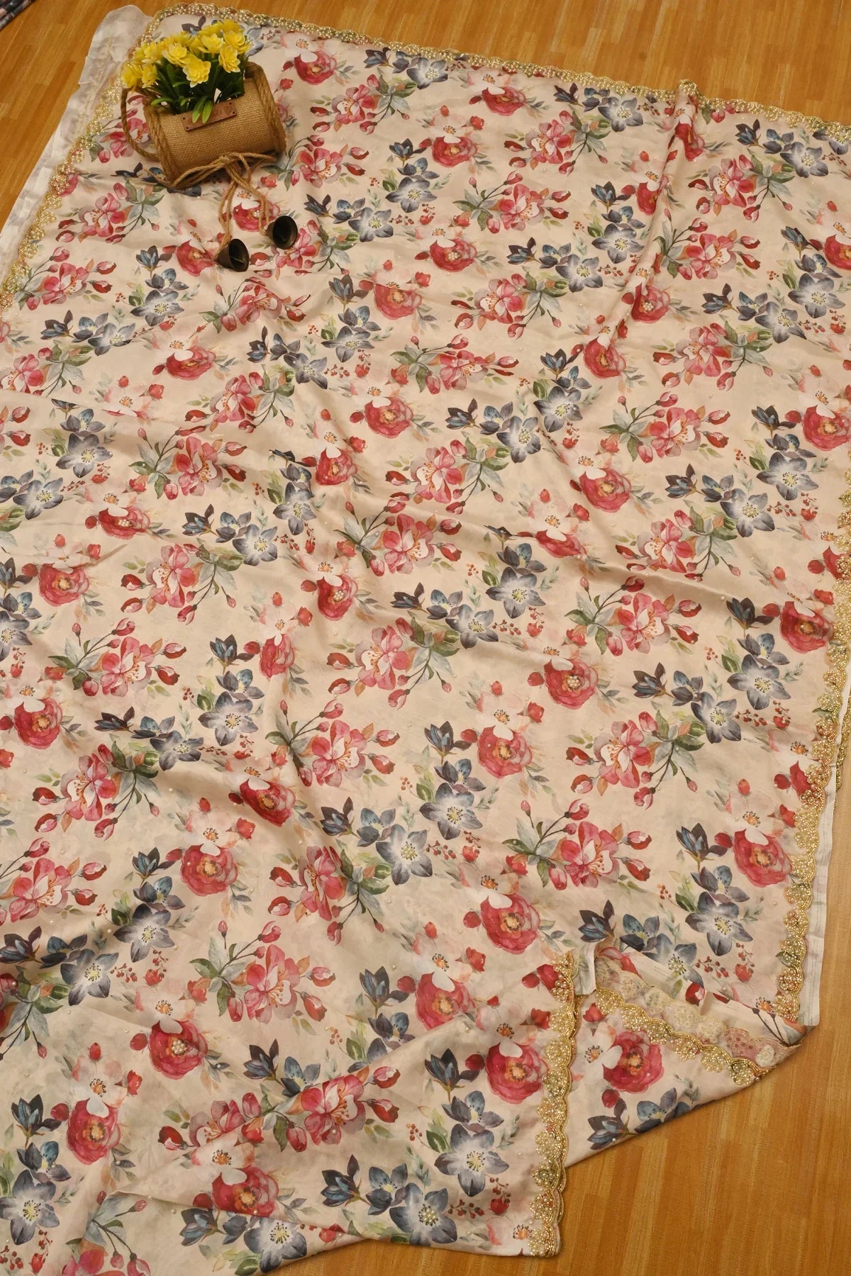 Crepe Organza Floral Print Beige Saree-Main Page