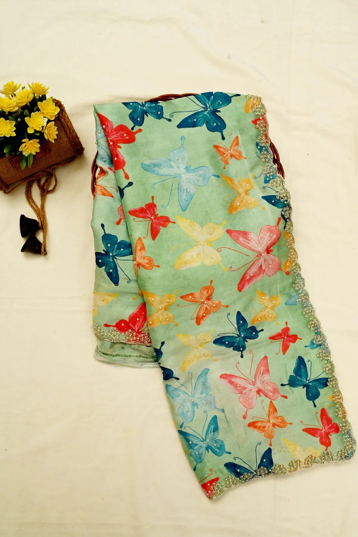 Crepe Organza Butterfly Print Saree-Main Page