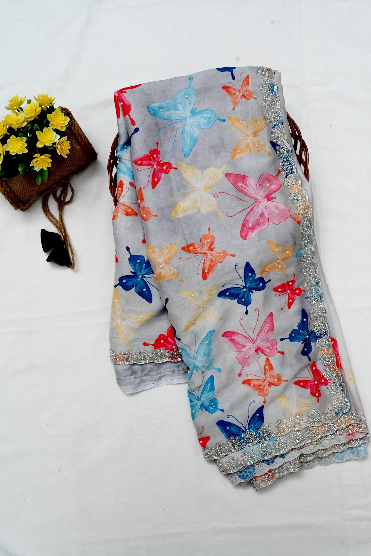 Crepe Organza Butterfly Print Saree
