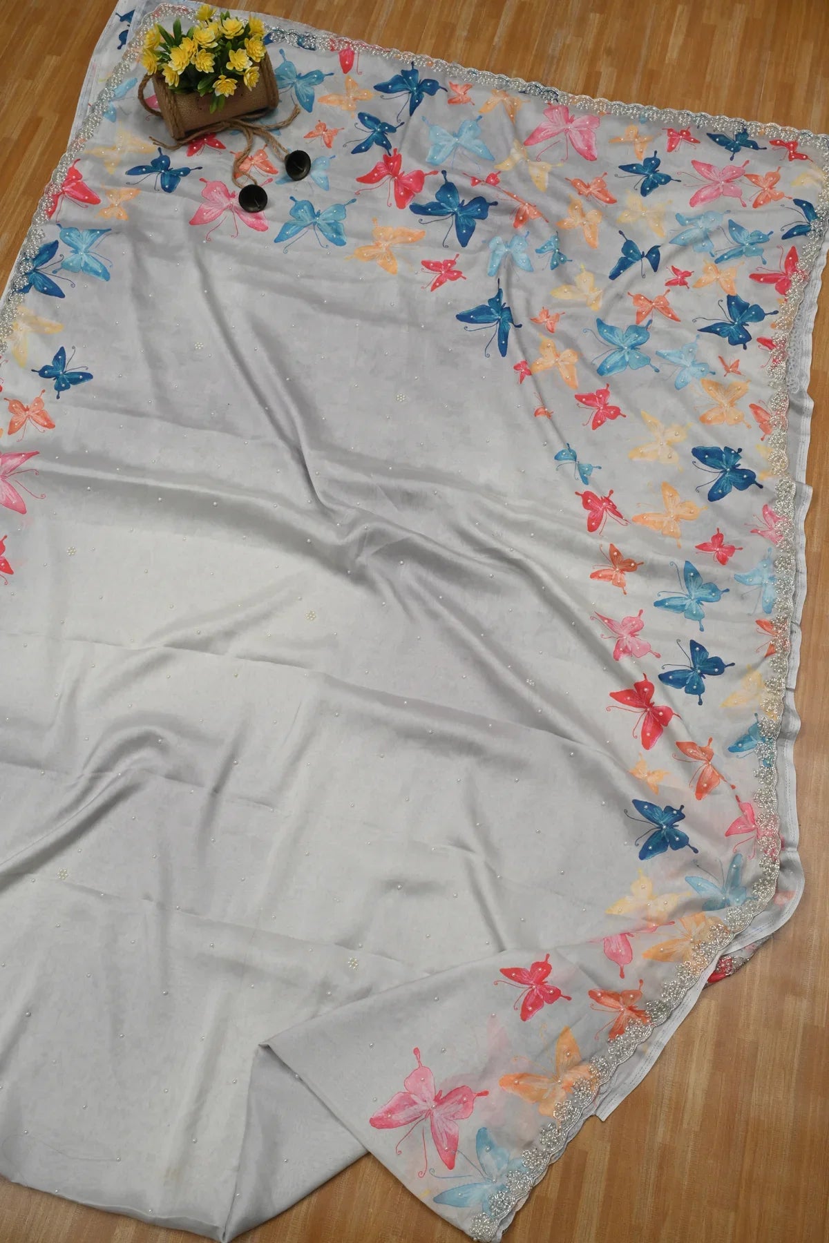 Crepe Organza Butterfly Print Saree