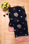 Benarasi Crushed Chiffon Flower Buta Black Saree-Main Page