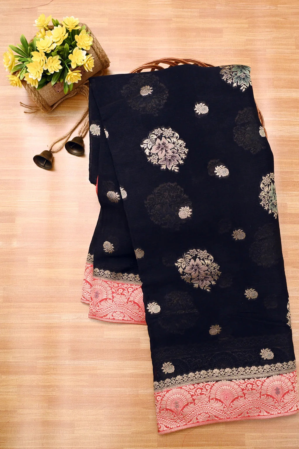 Benarasi Crushed Chiffon Flower Buta Black Saree-Main Page