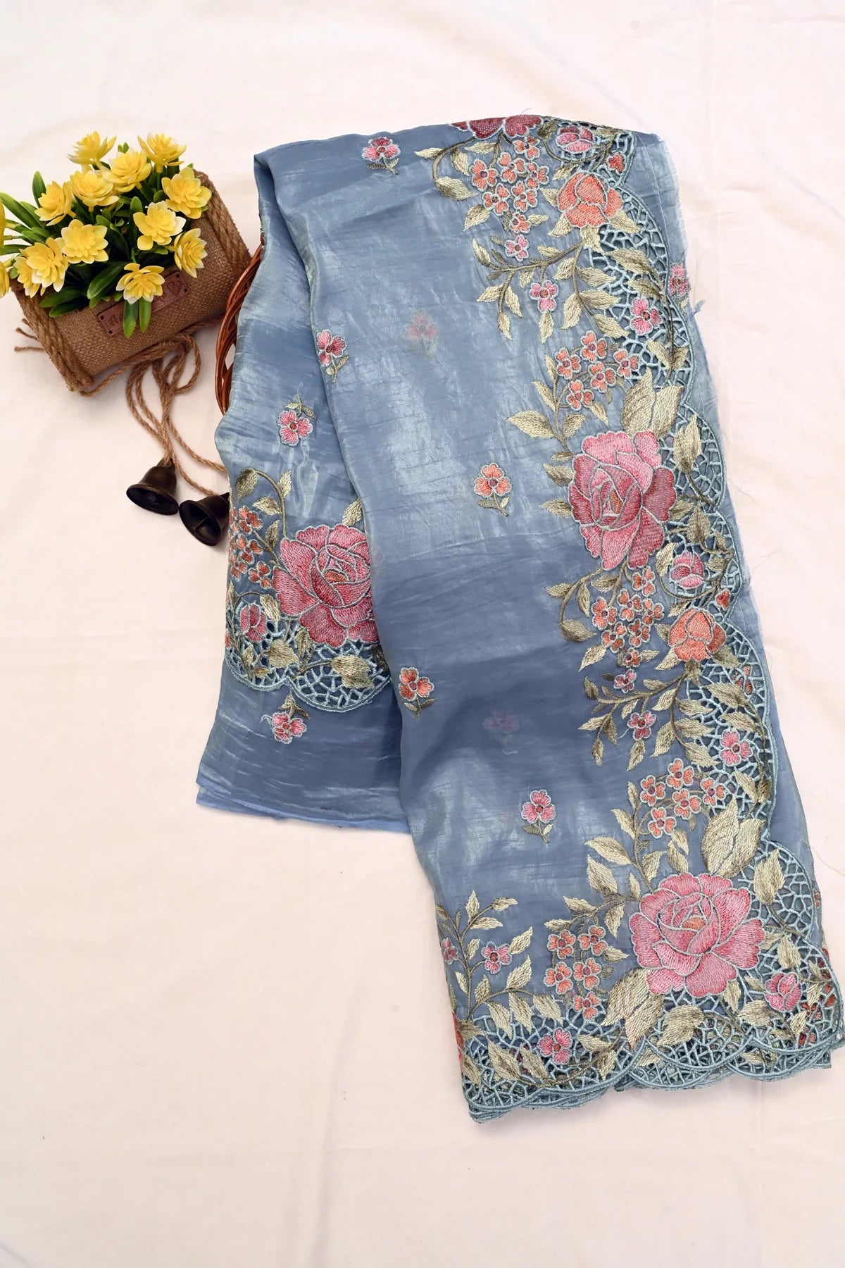 Crushed Organza Cut Work Design Saree-Main Page