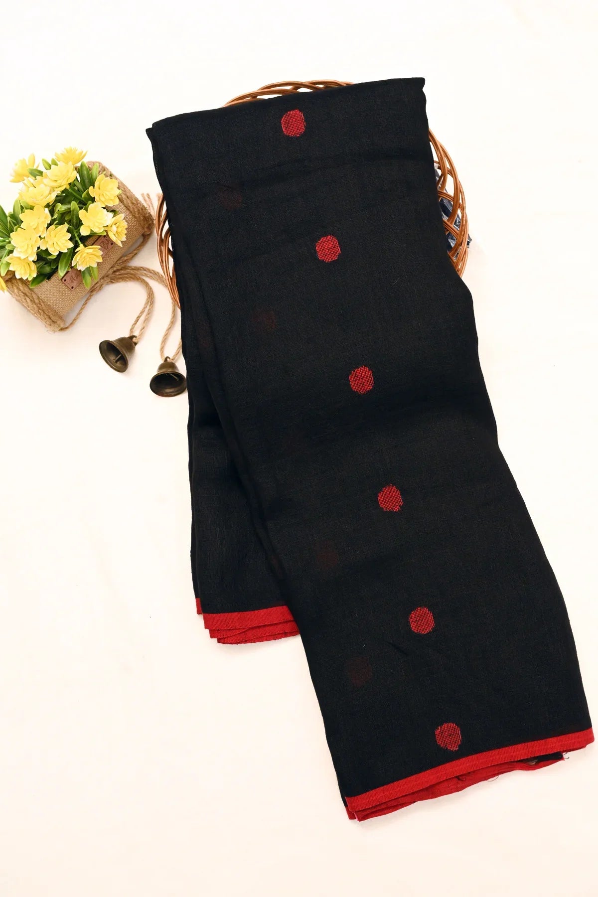 Linen Cotton Polka Dot Buta Black Saree-Main Page