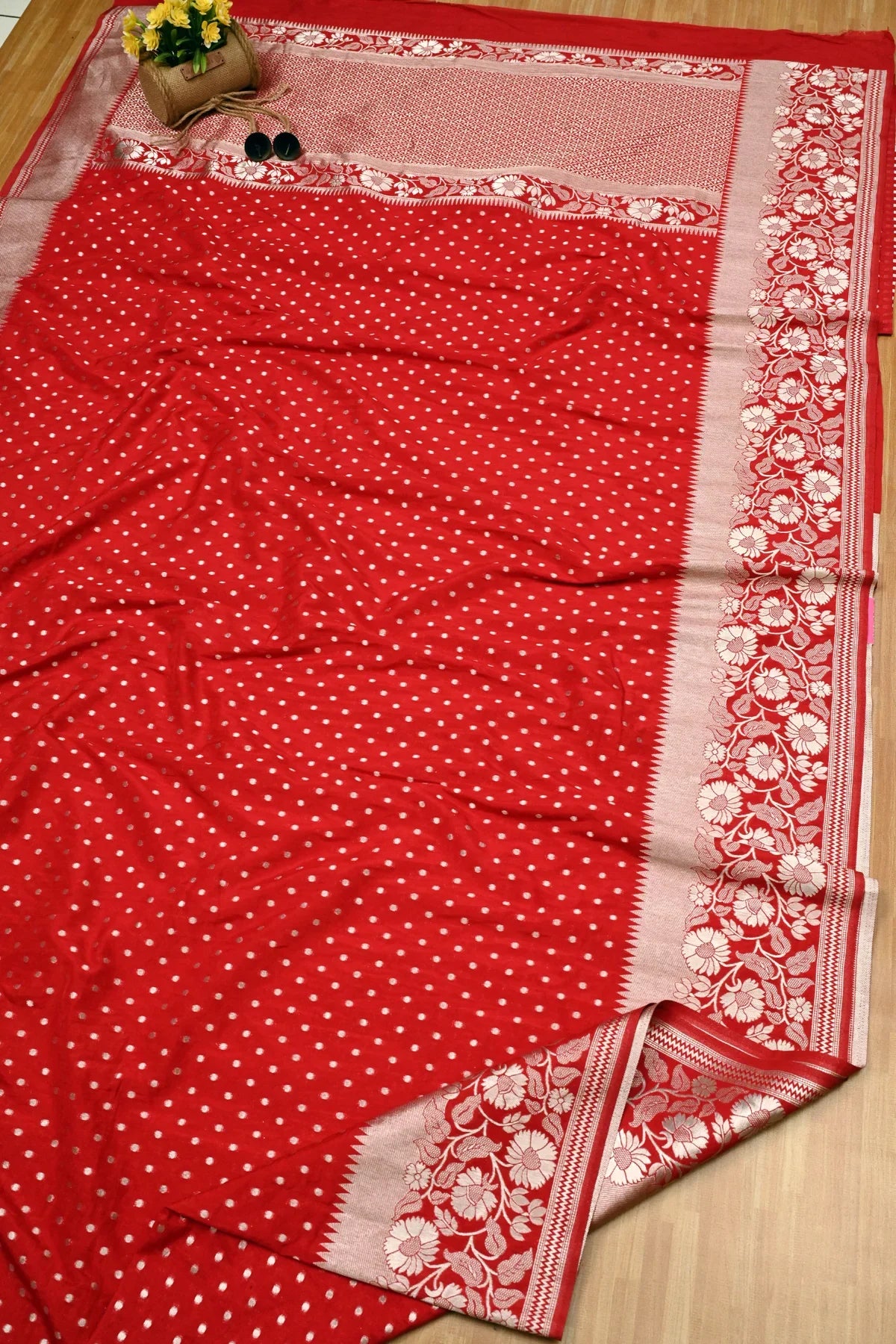 Kora Georgette Polka Dot Silver Zari Saree