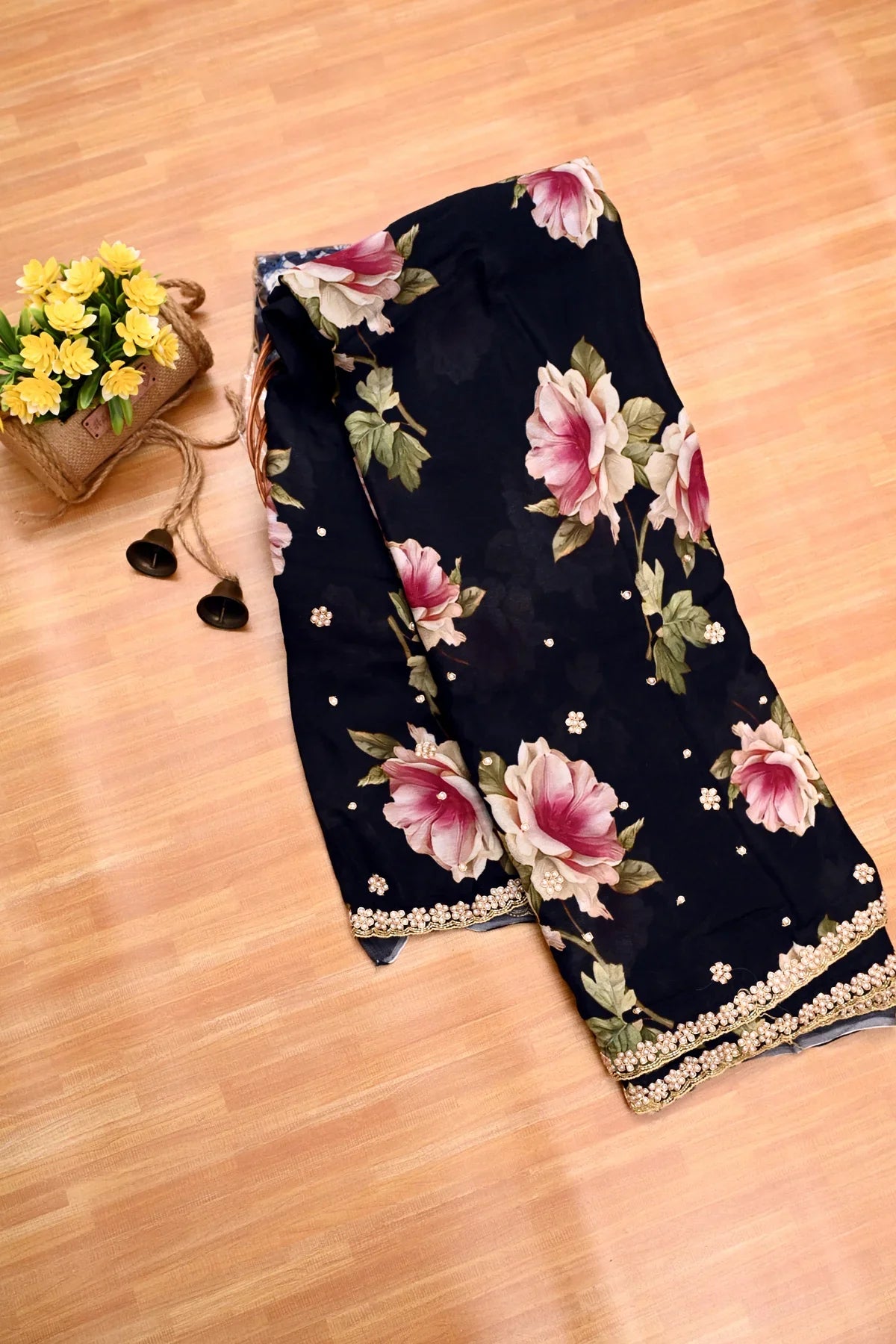 Pure Chiffon Flower Print Black Saree-Main Page